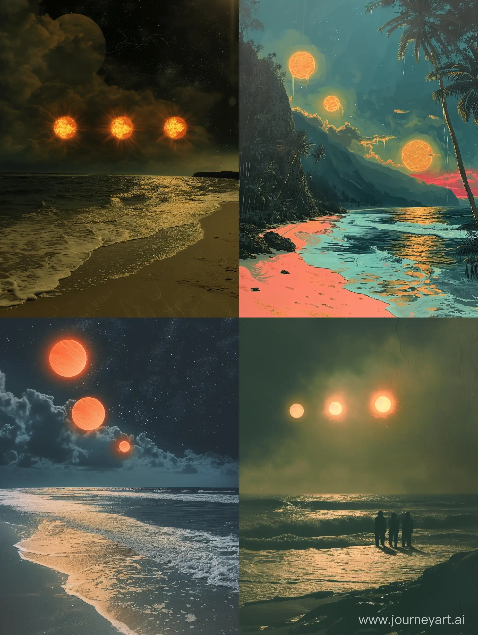 Alien beach with three suns 
