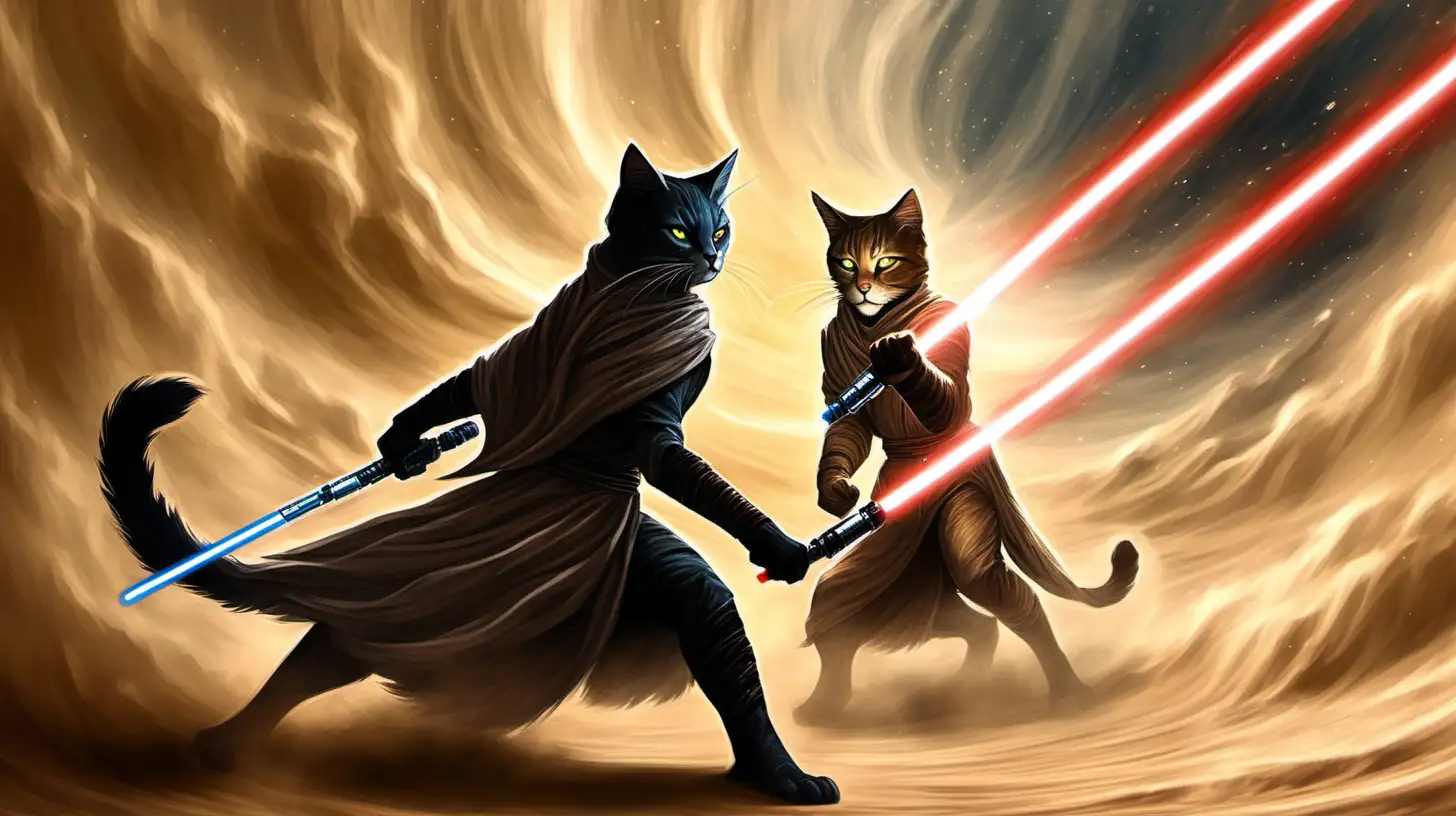 "Create a dynamic image of the warrior cats engaged in a lightsaber duel within a swirling sandstorm, their agile movements and swirling robes adding an extra layer of intensity to the battle."