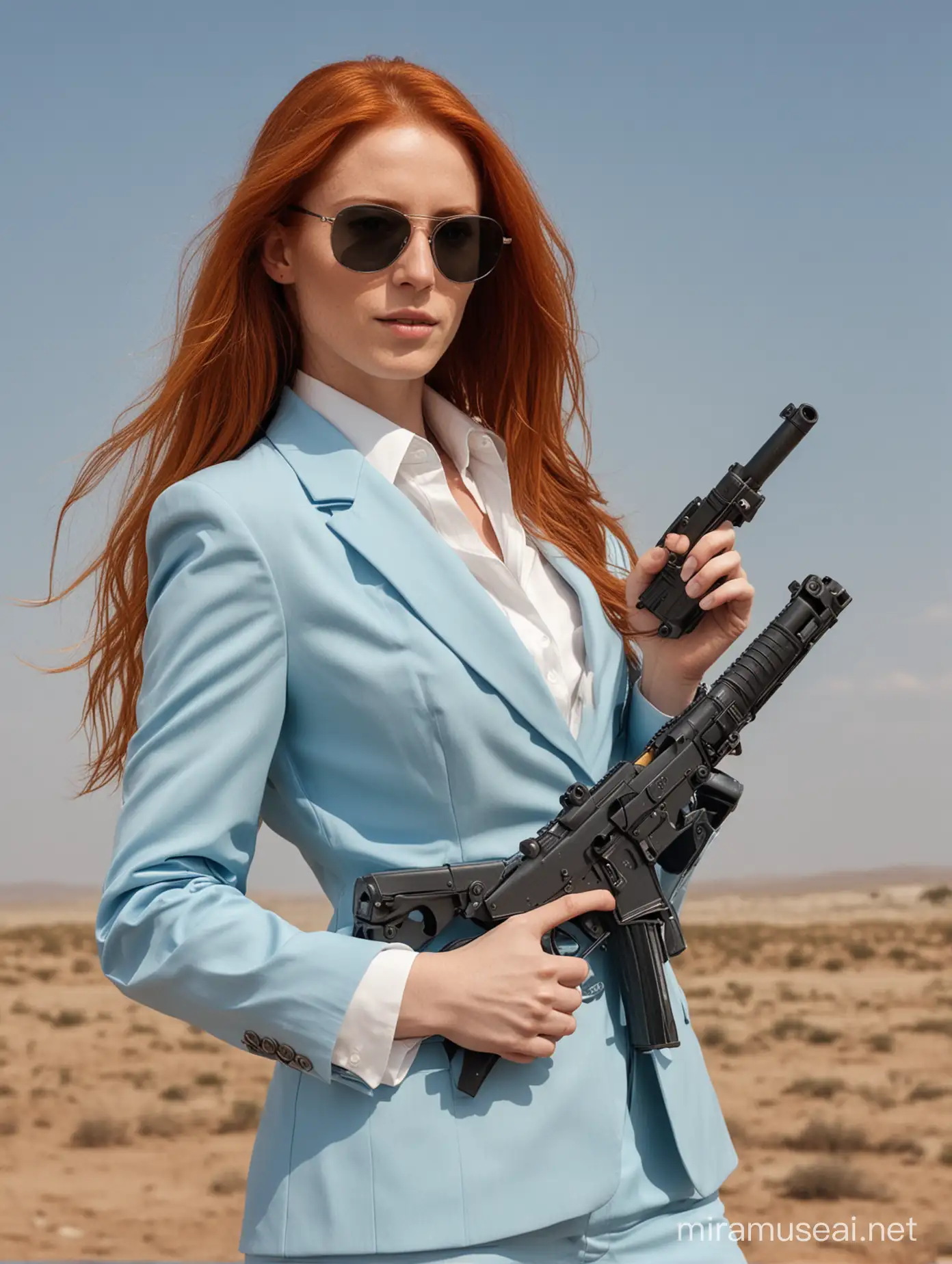 A woman with long red hair. She is dressed in a sky blue suit and a white shirt. She also wears a black necktie. She wears sunglasses and has a very pale appearance. She holds a machine gun.
