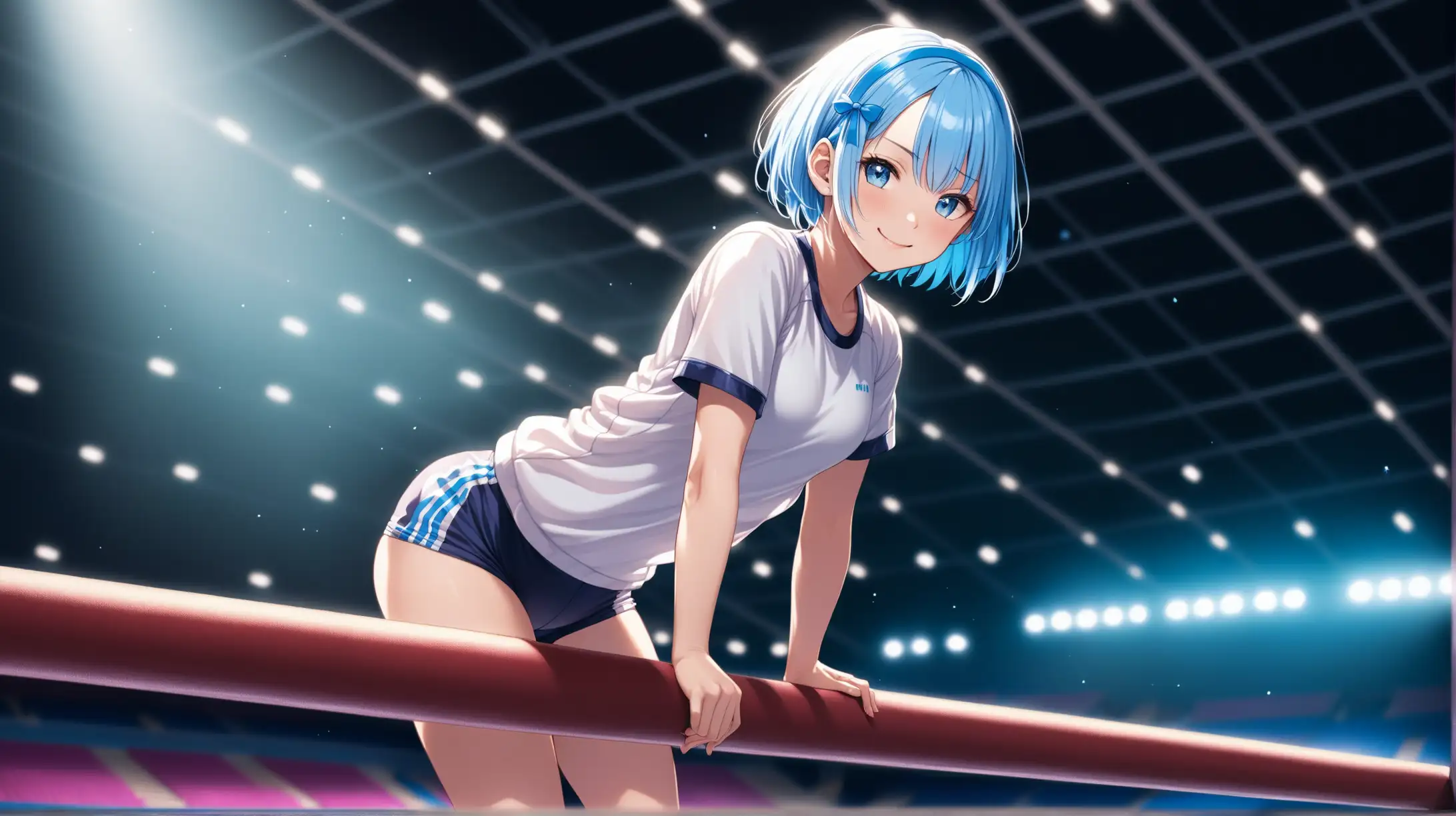 Draw the character Rem, high quality, indoors, in a gymnastics arena, medium shot, dynamic lighting, in a confident pose, on a gymnastics beam, wearing gym clothes, smiling at the viewer