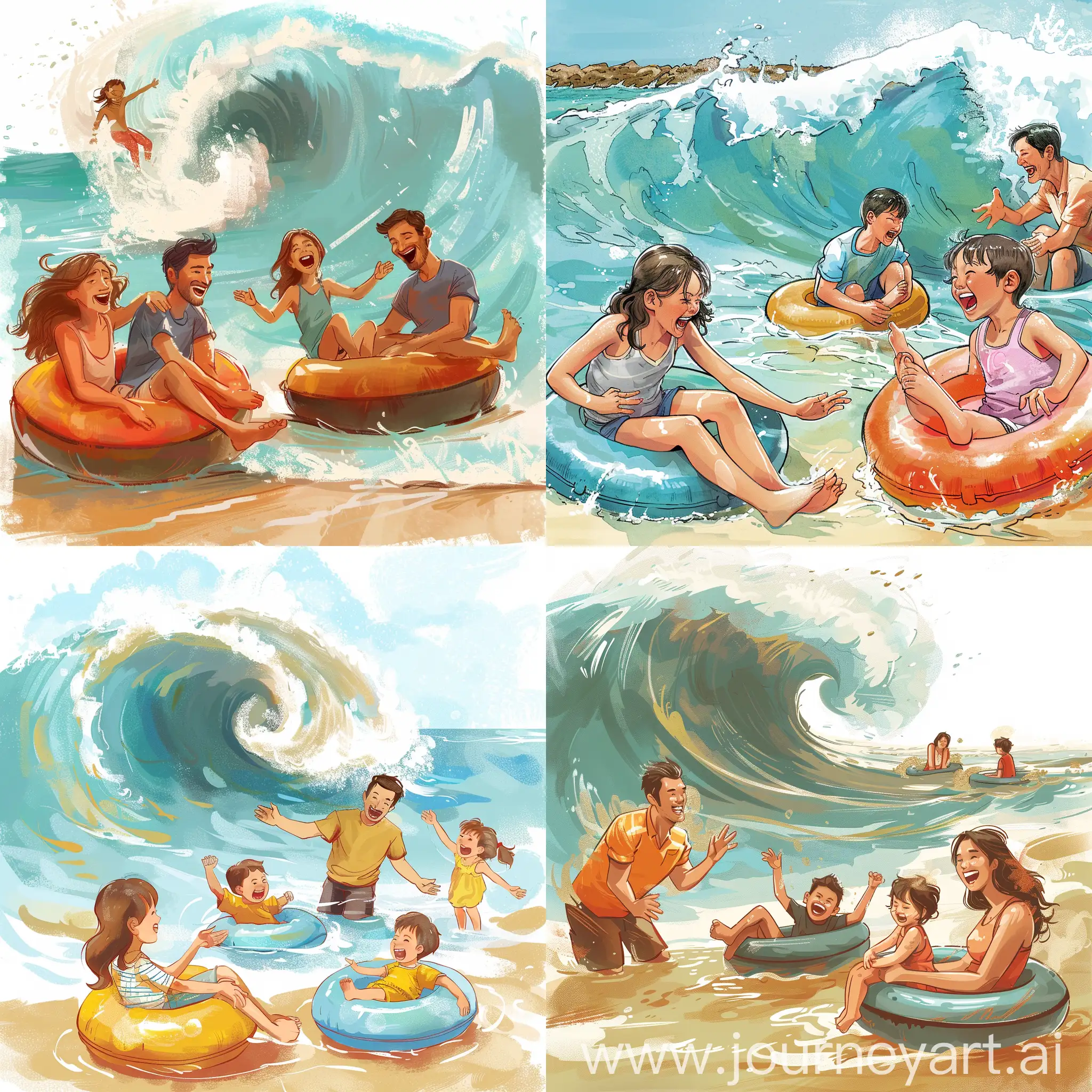 画一幅插画，海滩上有四个人，两个大人一男一女，和两个小孩。这一家人在玩水。小男孩和小女孩坐在气圈上，气圈浮在水面上，随着波浪飘动。两个大人护着两个小孩。有浪冲过来，一家人都开心的笑着。