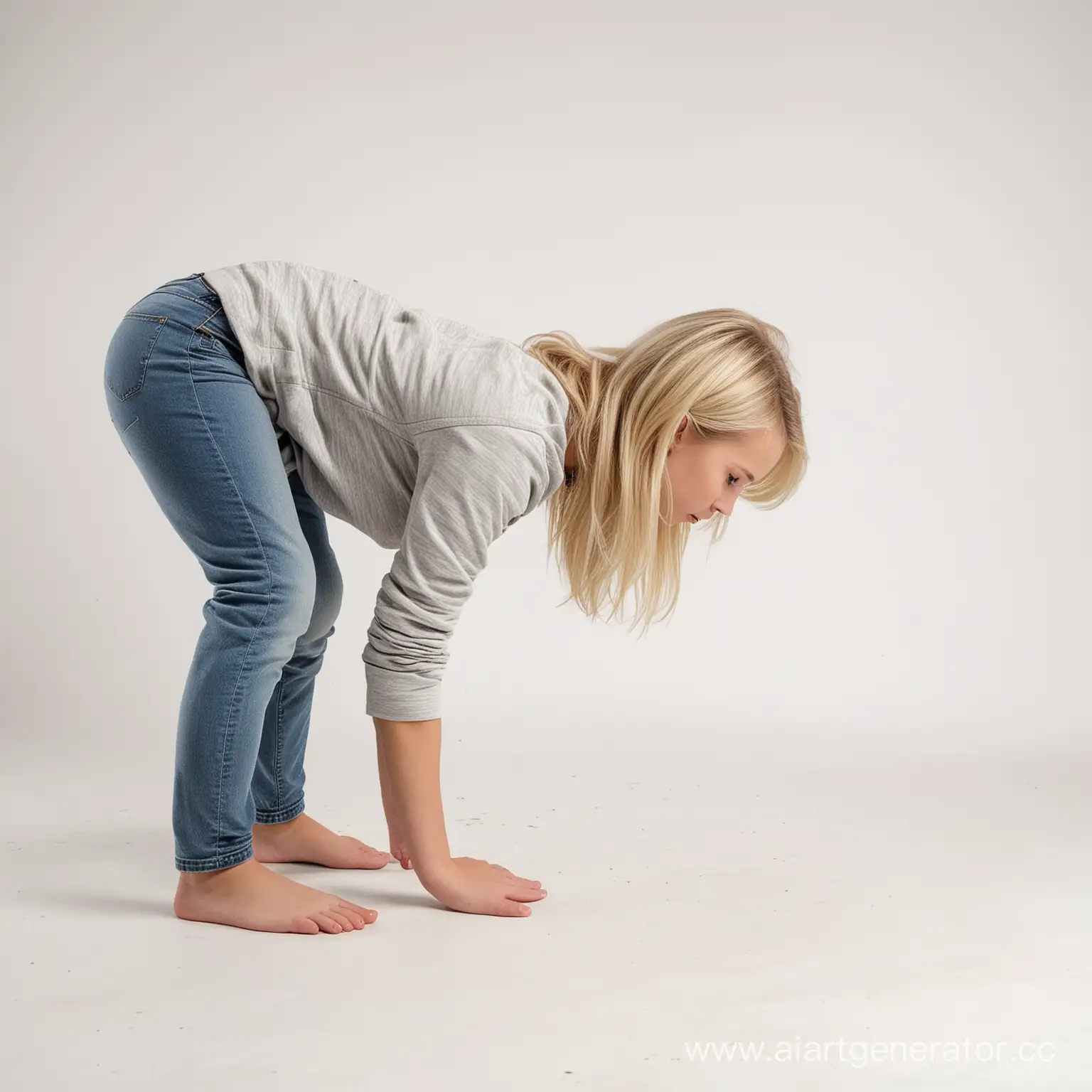 A young blonde girl walking on all fours, seen in profile, white background.