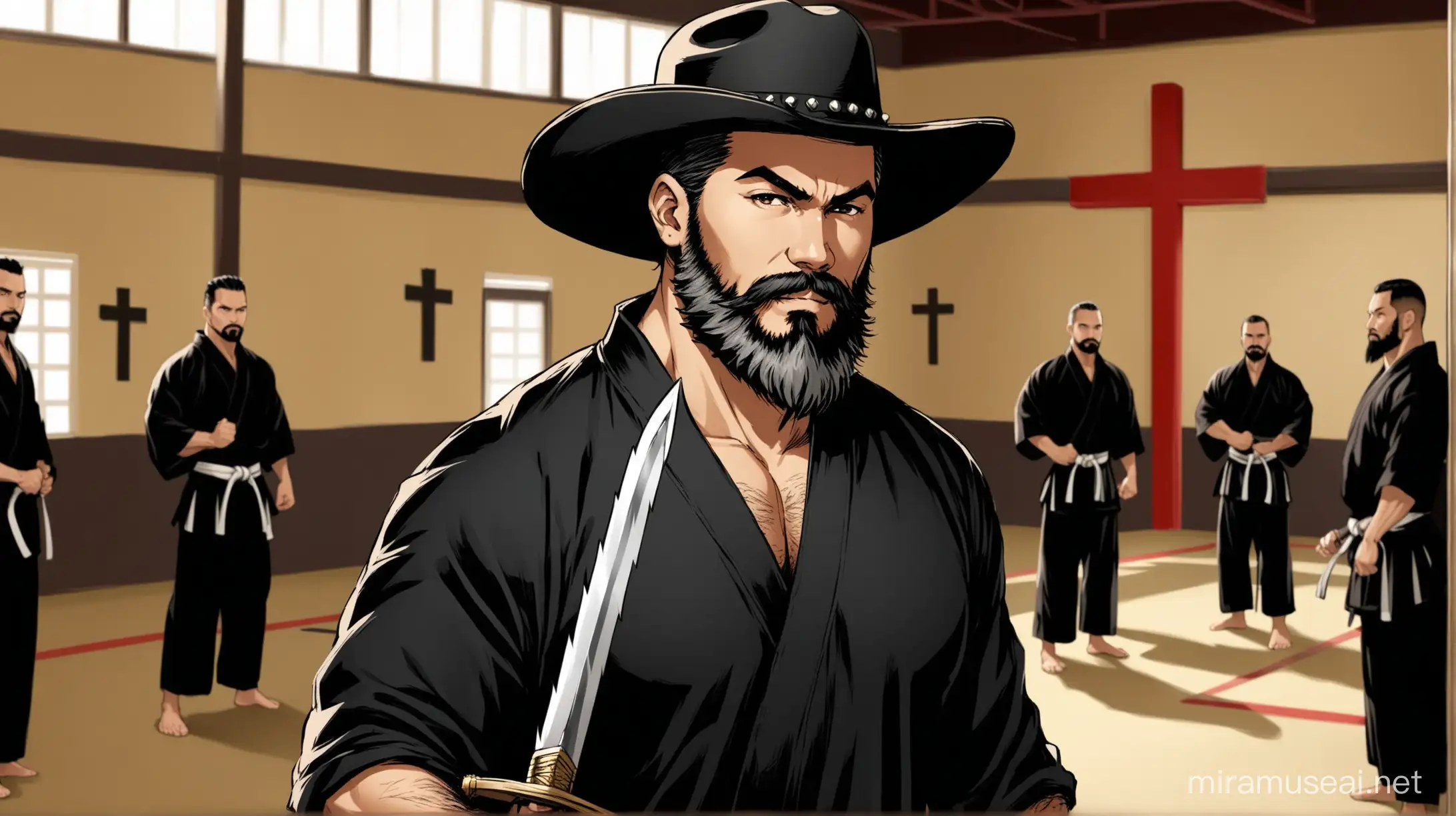 Handsome, strong middle-aged man light complected skin tone Latino with great salt and pepper black spiked hair and great beard, his  black cowboy hat removed and holding in his hand and a sword in the other.  Standing in a martial arts dojo with Catholic accents in the design of the dojo and Catholic crosses in the background