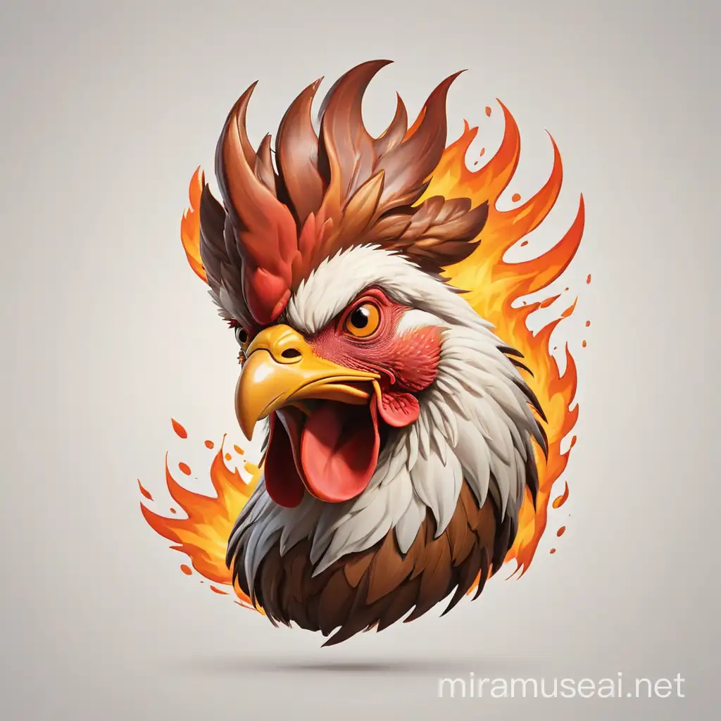 an icon logo of a brown rooster head on fire, on a plain white background