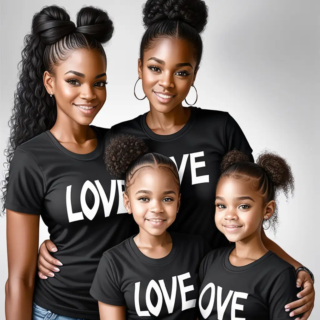 realistic beautiful black mother, beautiful black twin teenage daughters, baby hairs, they are all wearing black t shirts,
 all t-shirts have the word love