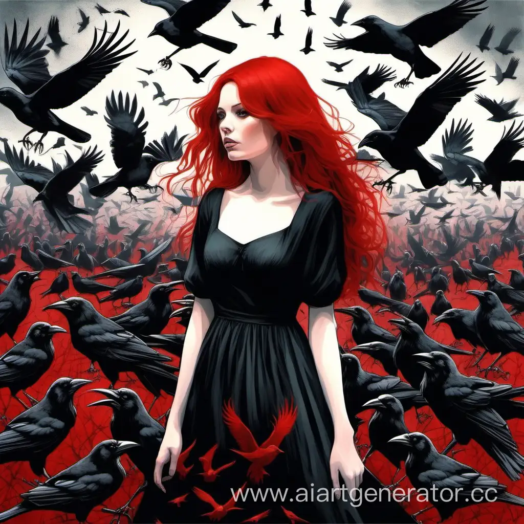 Русоволосая девушка черном платье с красными вставками в окружении воронов