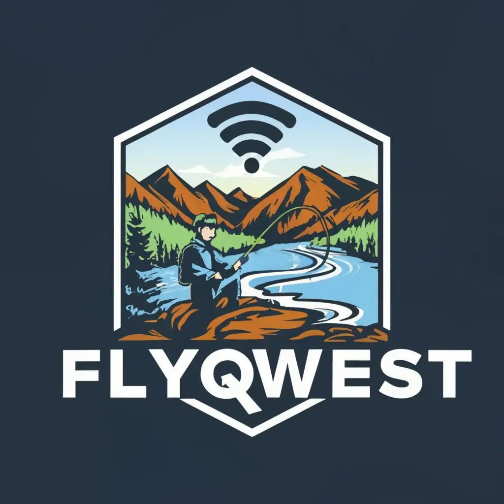 logo, man fly fishing with fly rod, river, stream, mountains, wifi symbol, 6 sided block as background, high tech integrated to mountain view, with the text "FlyQwest", typography