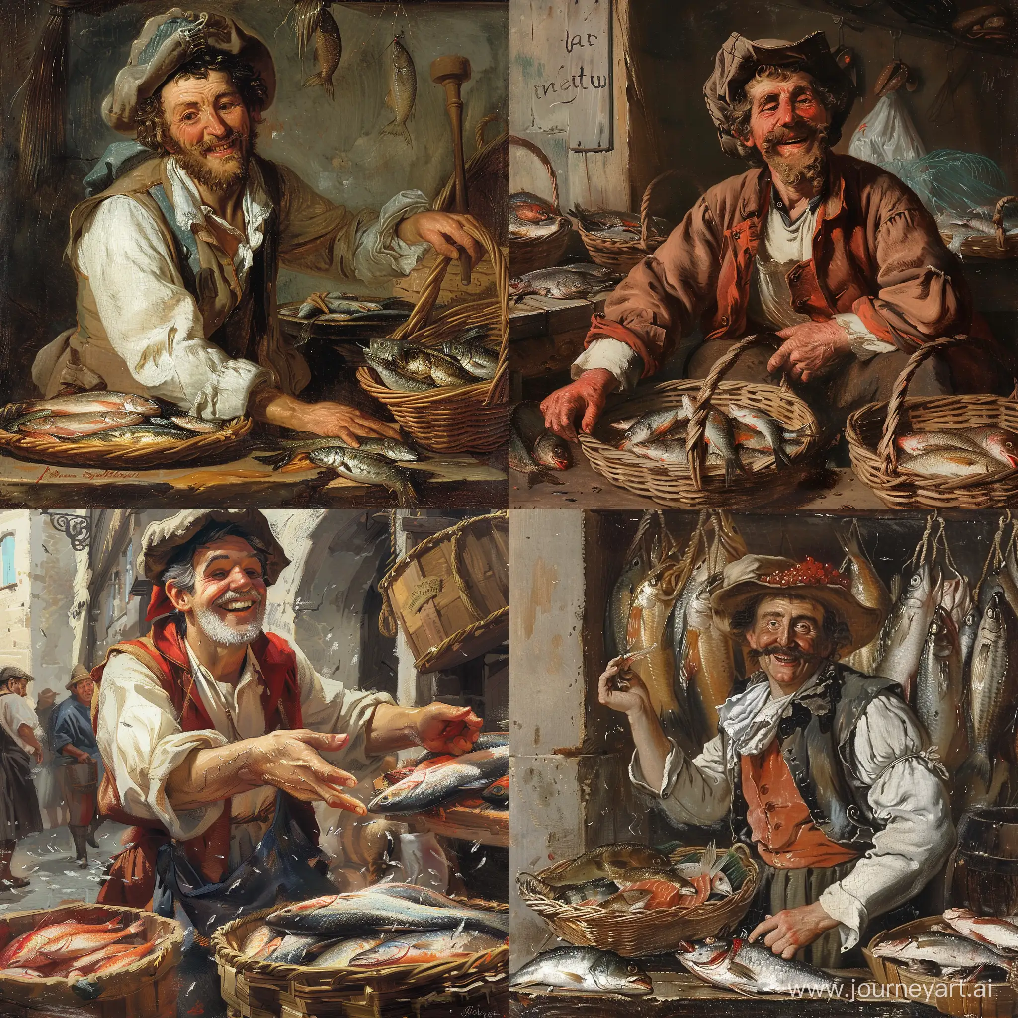 Веселый француз торгует рыбой