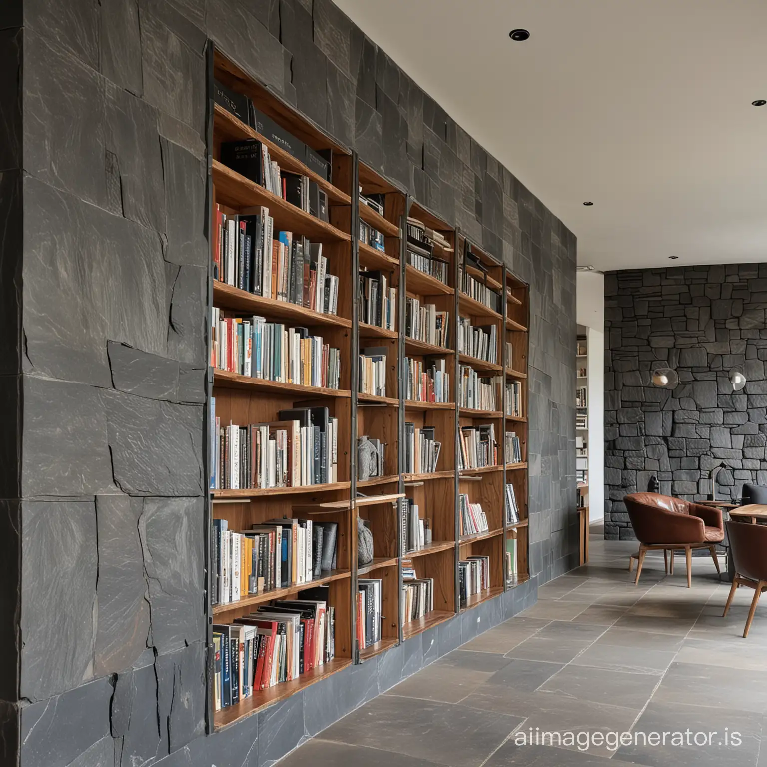 Long wooden library bookcase cover a basalt stone wall