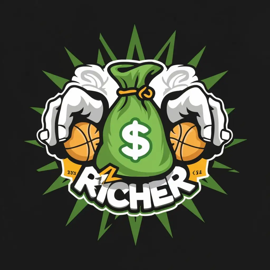 a logo design,with the text "Get Richer", main symbol:money color green, with two hands holding a basketball and a bunch of money with real hands,complex,be used in Sports Fitness industry,clear background