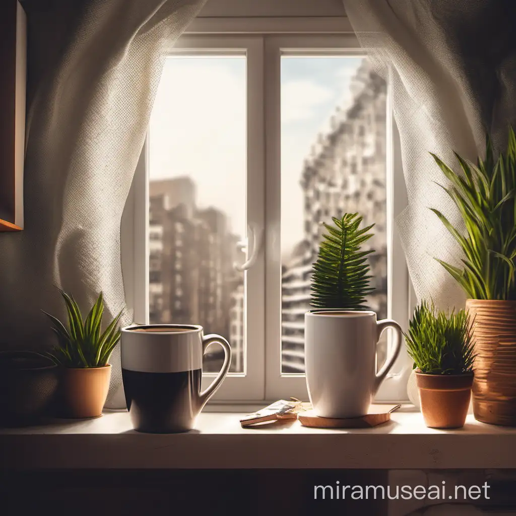 White Mug Mockup on Wooden Table with Floral Background