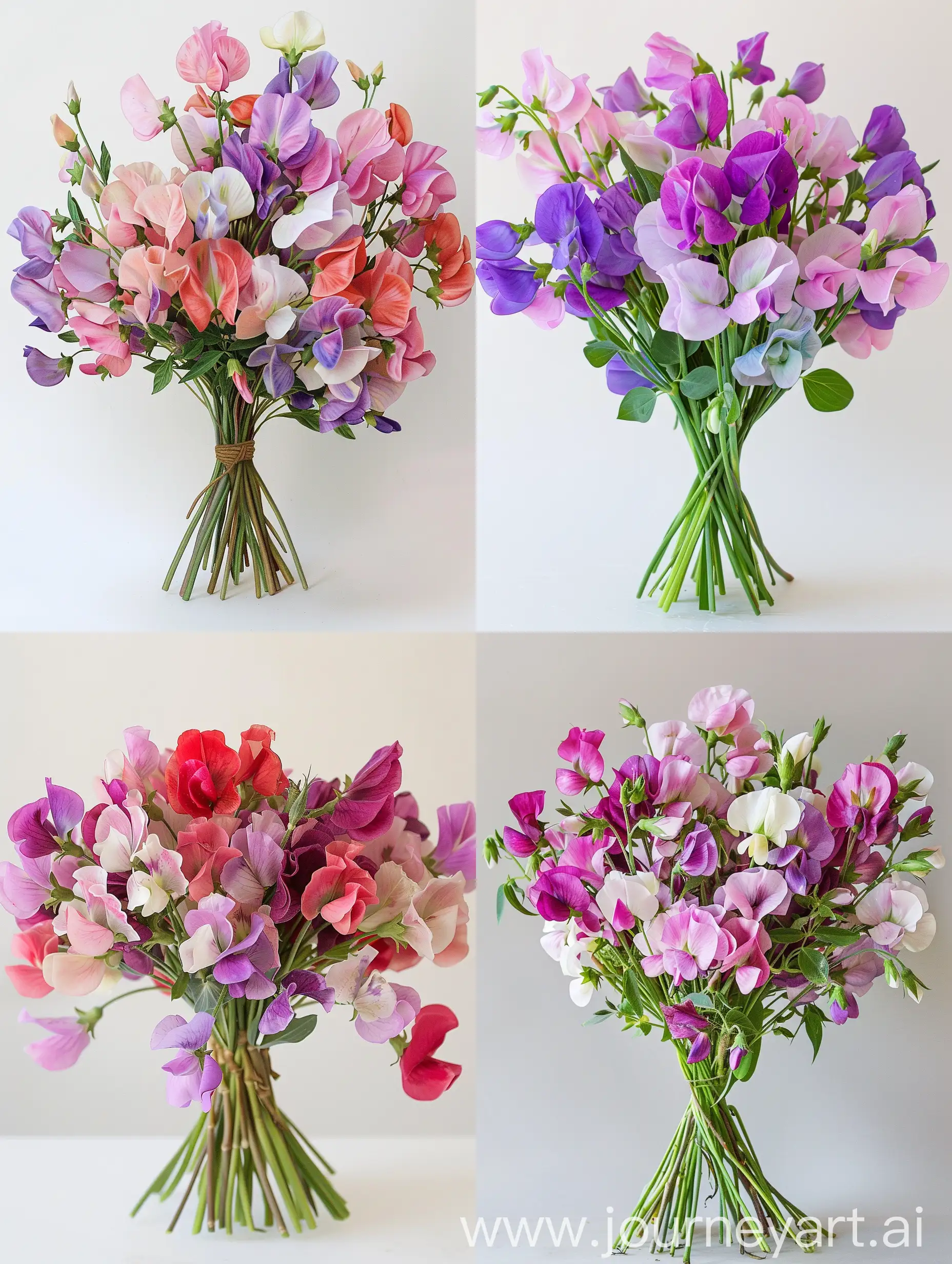realistic bouquet of sweet peas, including the varieties Aoraki, Serendipity, and Susan Thomas