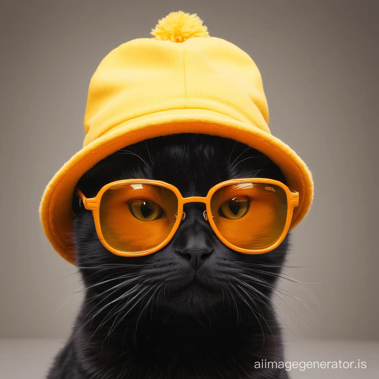 a black cat with an orange hat and yellow sunglasses