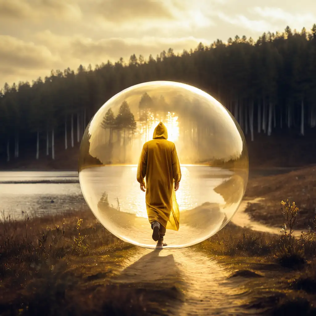 Improve this image with details, realistic, 16k, the man inside a golden transparent bubble, walking to the forest. He is wearing a golden cotton tunic with a hood