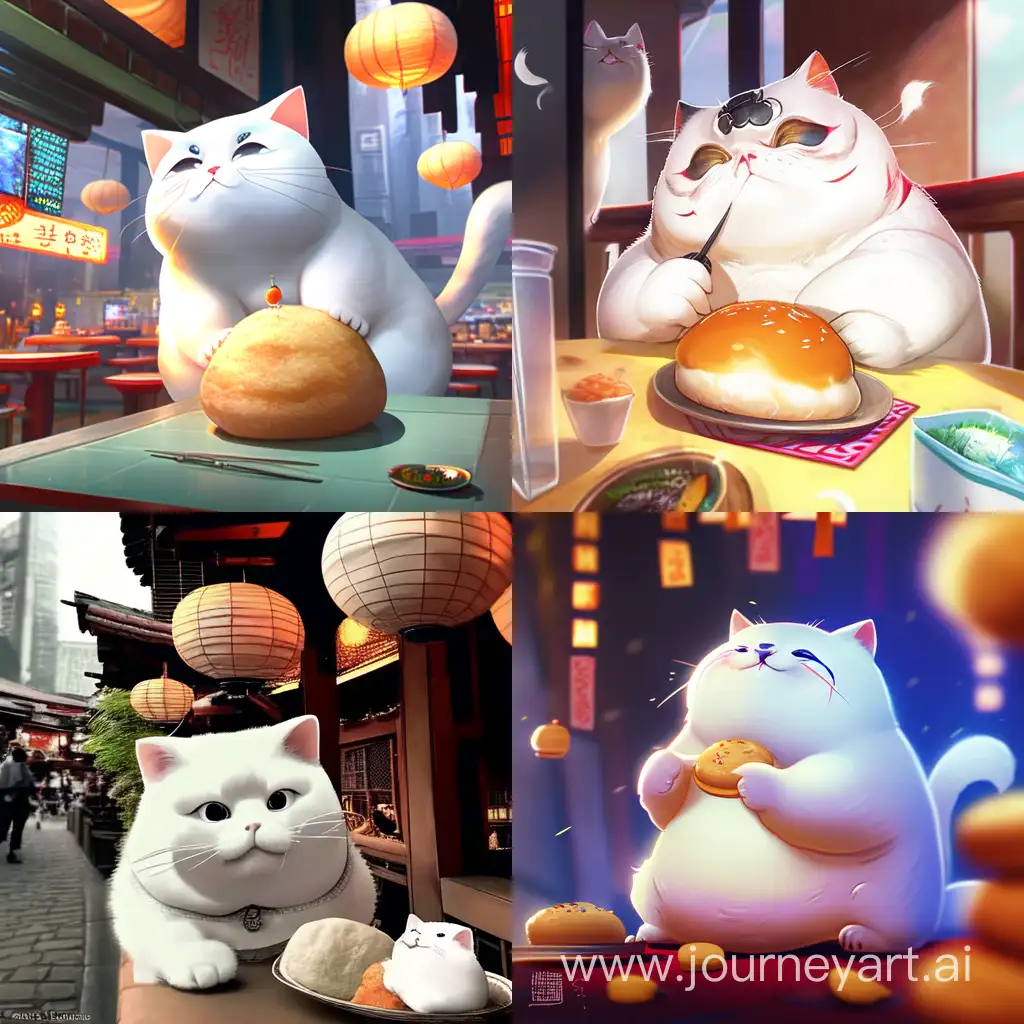 Белый толстый кот ест Баоцзы в Шанхае