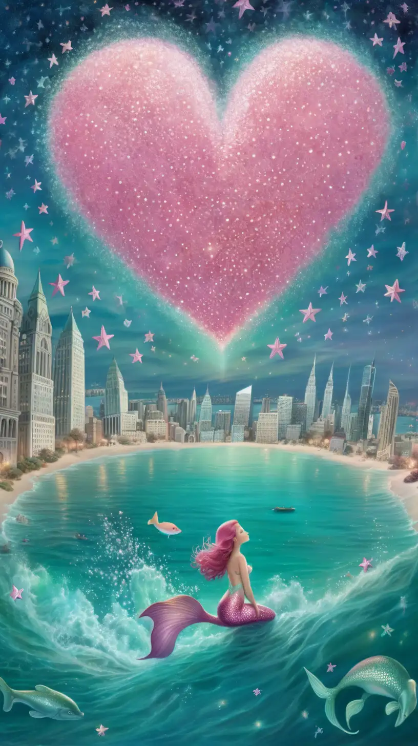  floating seafoam heart above a sea, pink stars in the air, mermaid hiding, city
