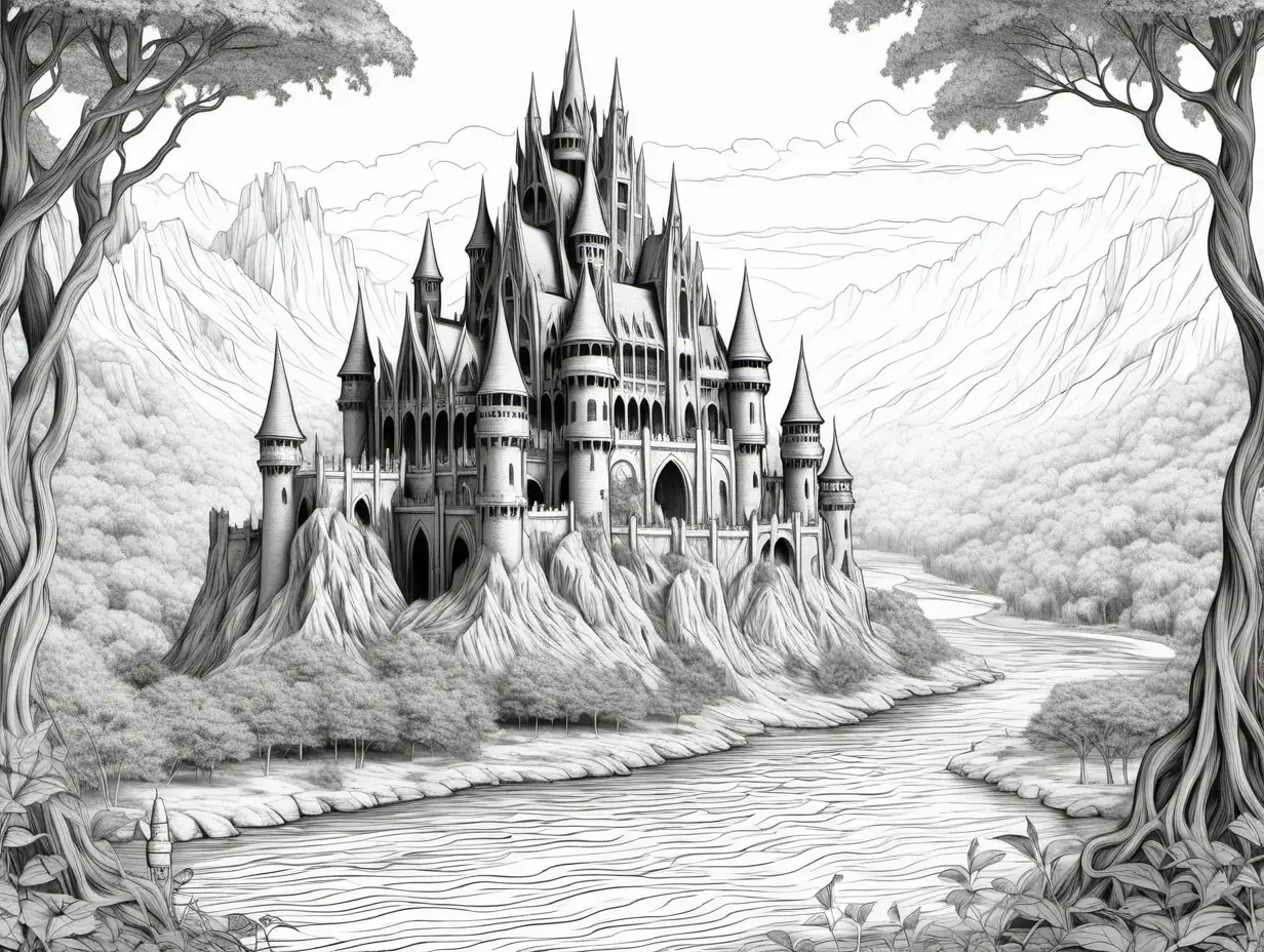 Black and white image of the elven castle, similar to Lord of Rings, far-away shot with the river in foreground, coloring book



