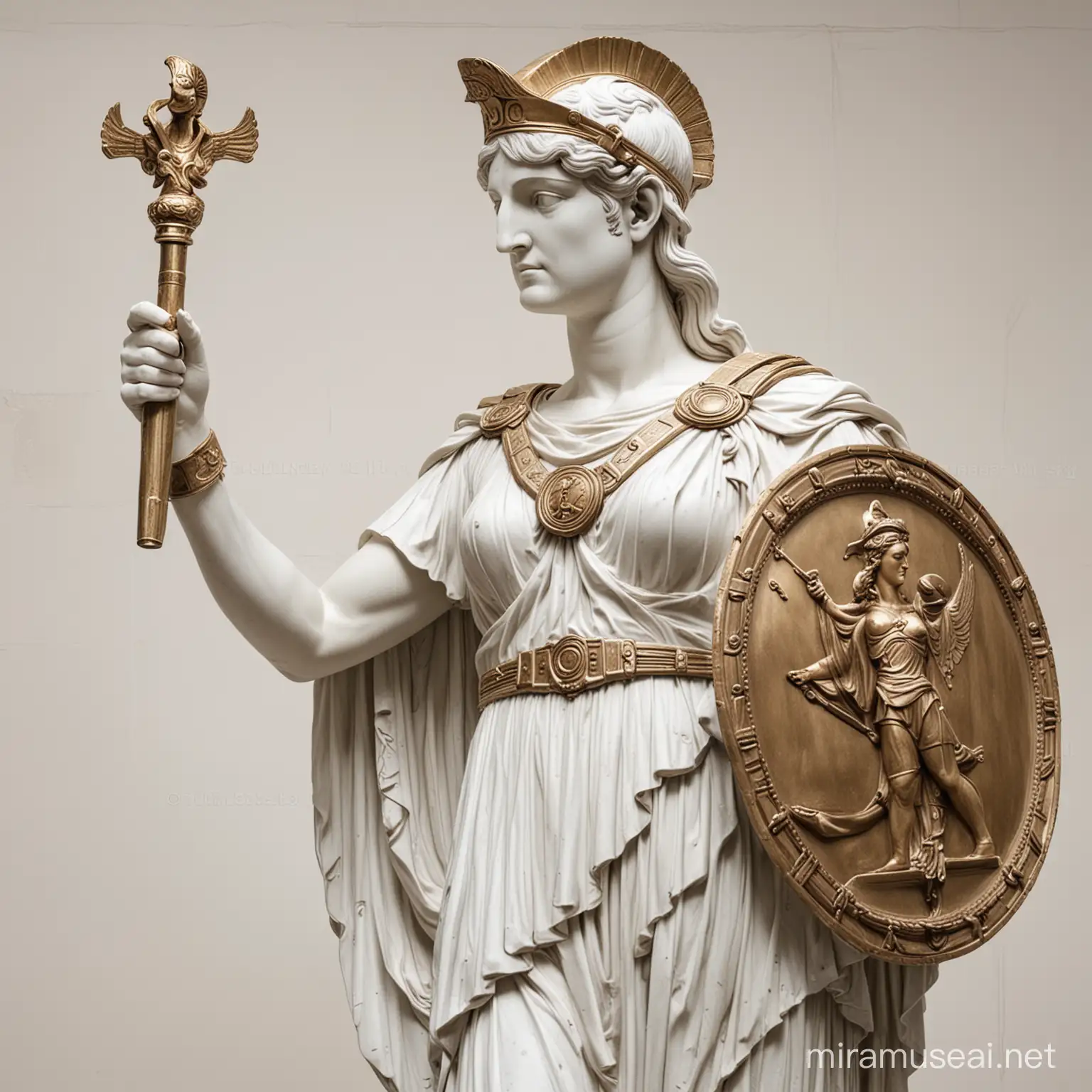 Athena Statue with Shield on White Background
