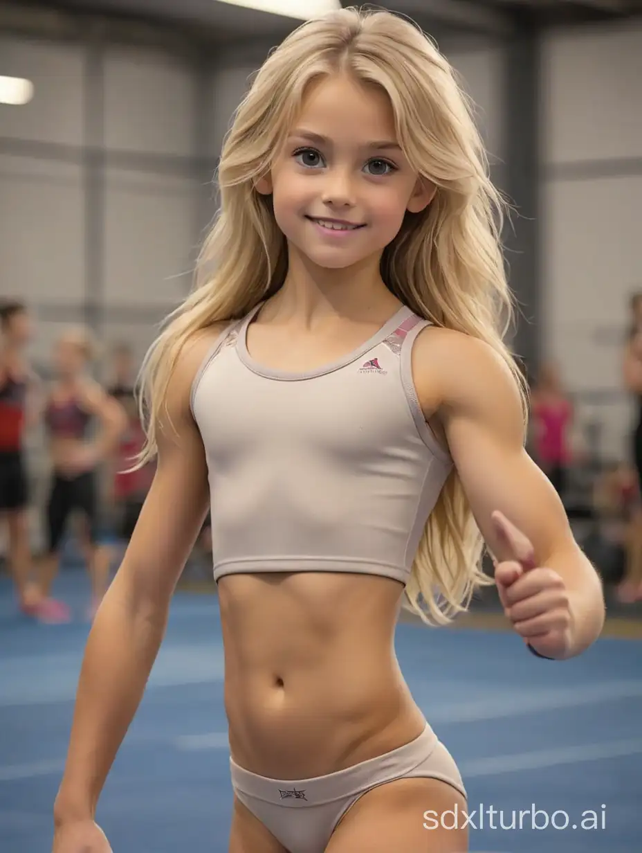 8 years old girl, long blond hair, muscular abs, at gymnastics