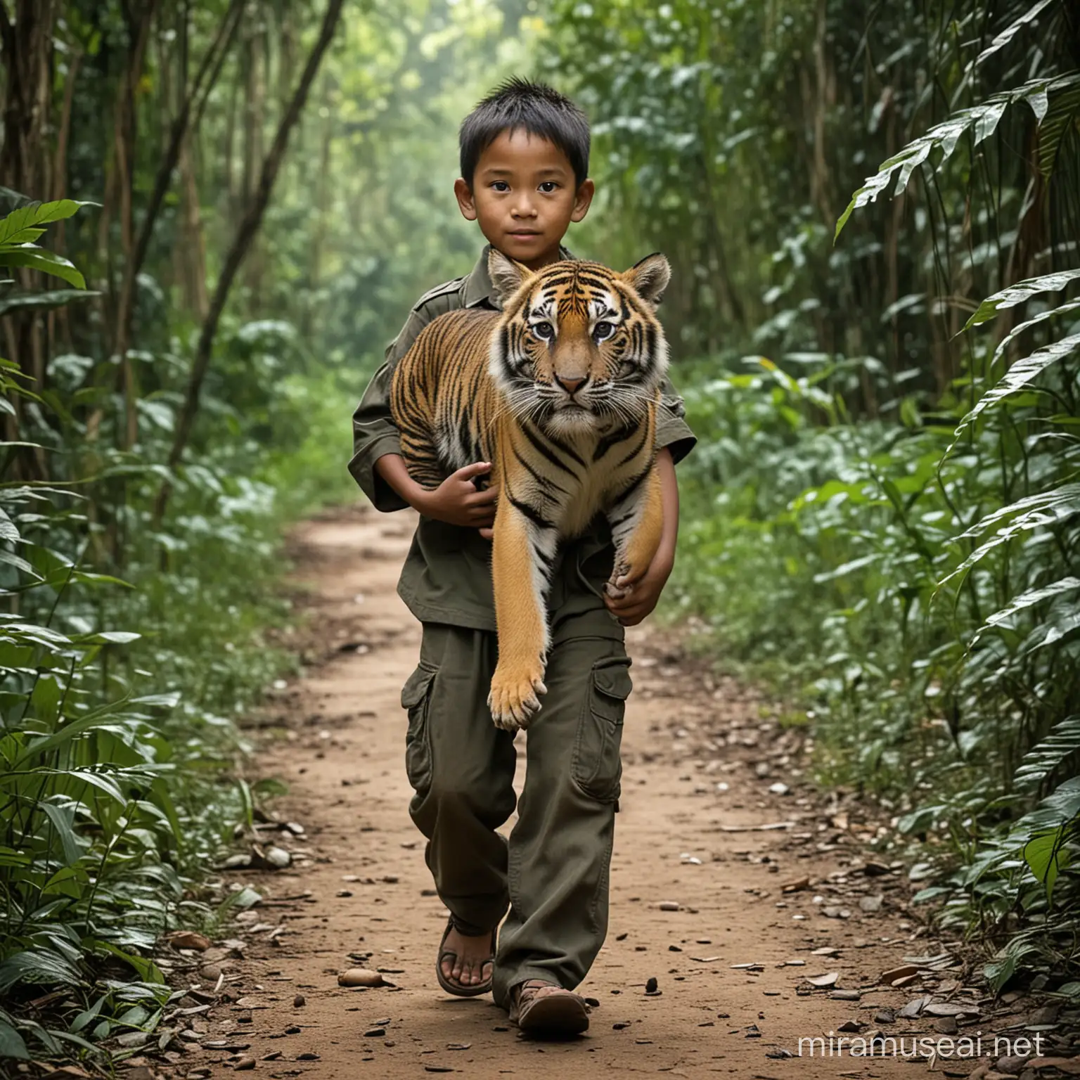 seorang anak lelaki berusia 5 tahun asal indonesia sesdang menggendong seekor anak harimau. latarbelakang sebuah pedalaman hutan