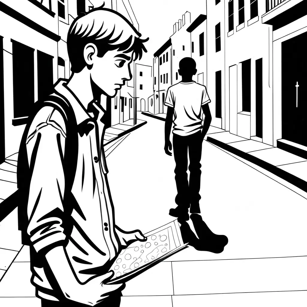 Teenager Standing in Urban Street Contemplating Mans Outline Monochrome Coloring Book Image