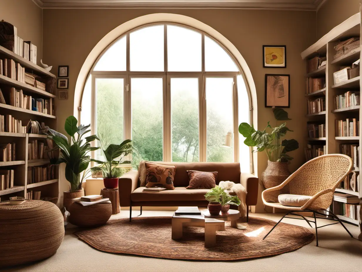 bohem interıor design, beige armchair, wicker carpet, window, picture on wall,planet in pot, soft light,brown sofa, coffe table in to the middle, bookcase, 