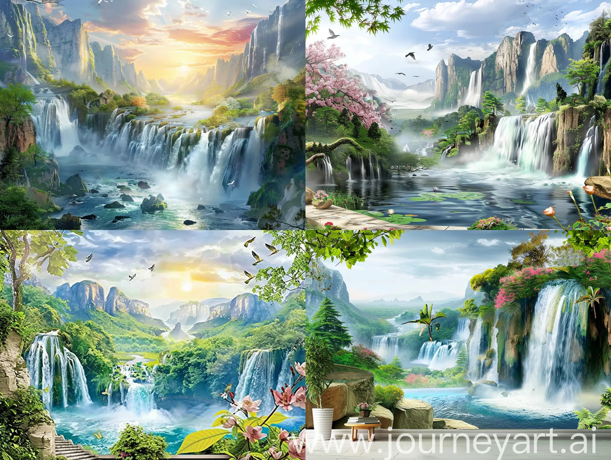 3D mural paintings, natural landscapes, waterfalls and nature, realistic, 4K quality, energy colors, modern