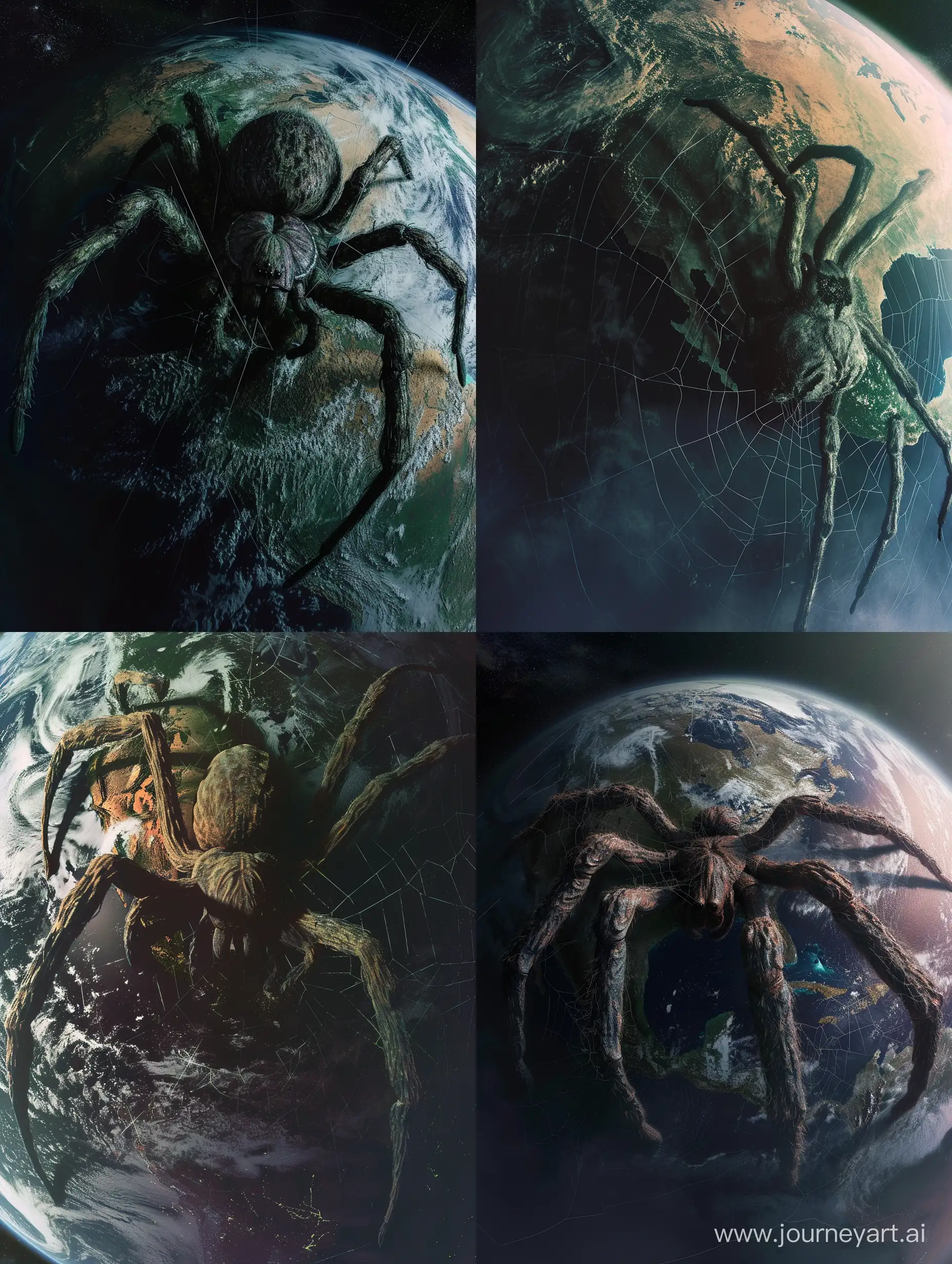 /imagine prompt:
color photo of a satellite view from space, capturing a massive spider crawling across the entirety of planet Earth. The spider's grotesque form is illuminated by a dim, eerie light, casting ominous shadows across the globe. Its long, spindly legs extend outward, enveloping the entire planet in a sprawling, intricate spiderweb. The vastness of the Earth is emphasized by the far birds-eye perspective, evoking a sense of insignificance and vulnerability. The color grading, with desaturated tones and hints of sickly greens and purples, enhances the creepy and sinister atmosphere, suggesting that Earth has been abandoned, devoid of human presence. This panoramic view presents a haunting reminder of the spider's dominance over the planet.