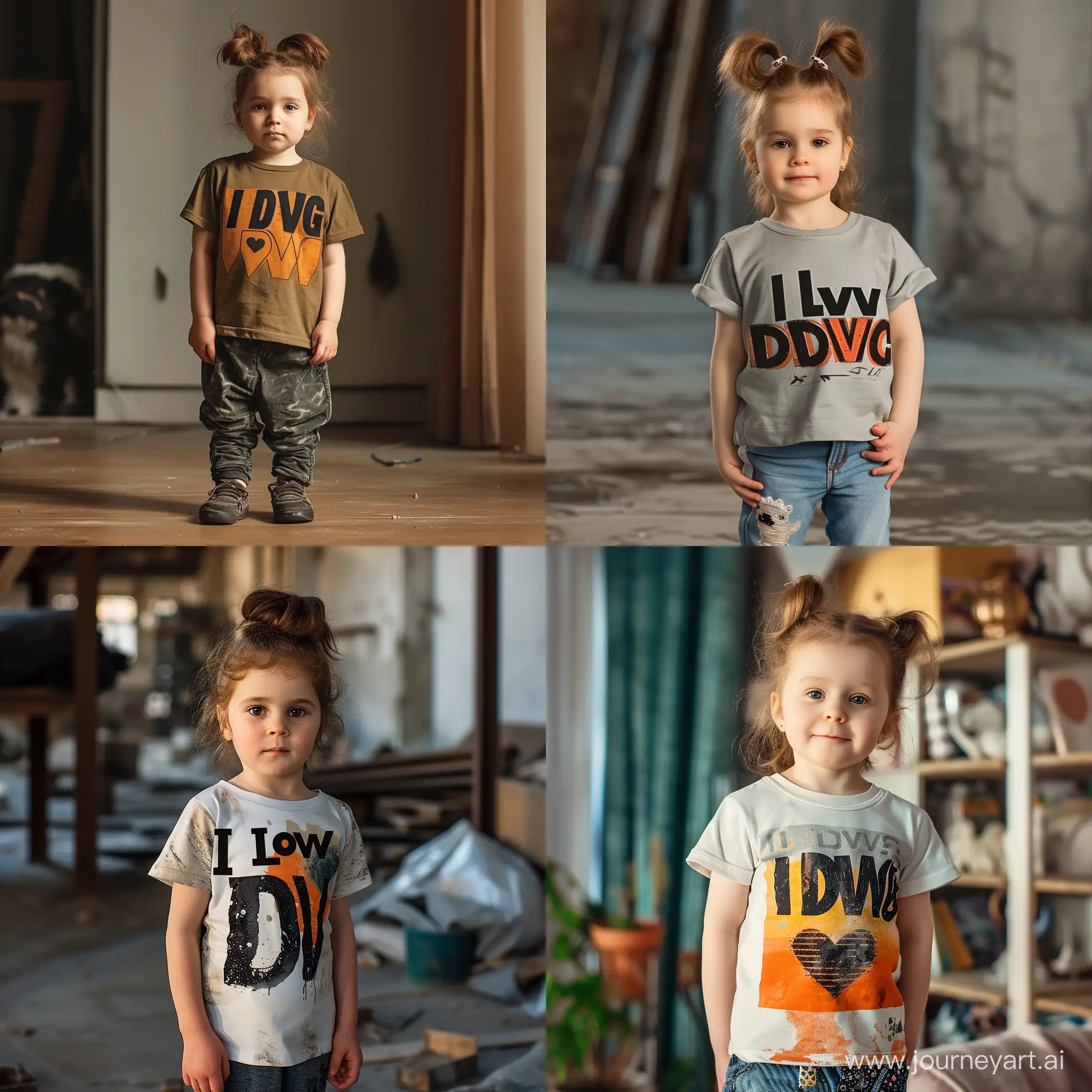 Маленькая девочка стоит в футболке. На футболке печатными крупными буквами написано "I love DVACH"
