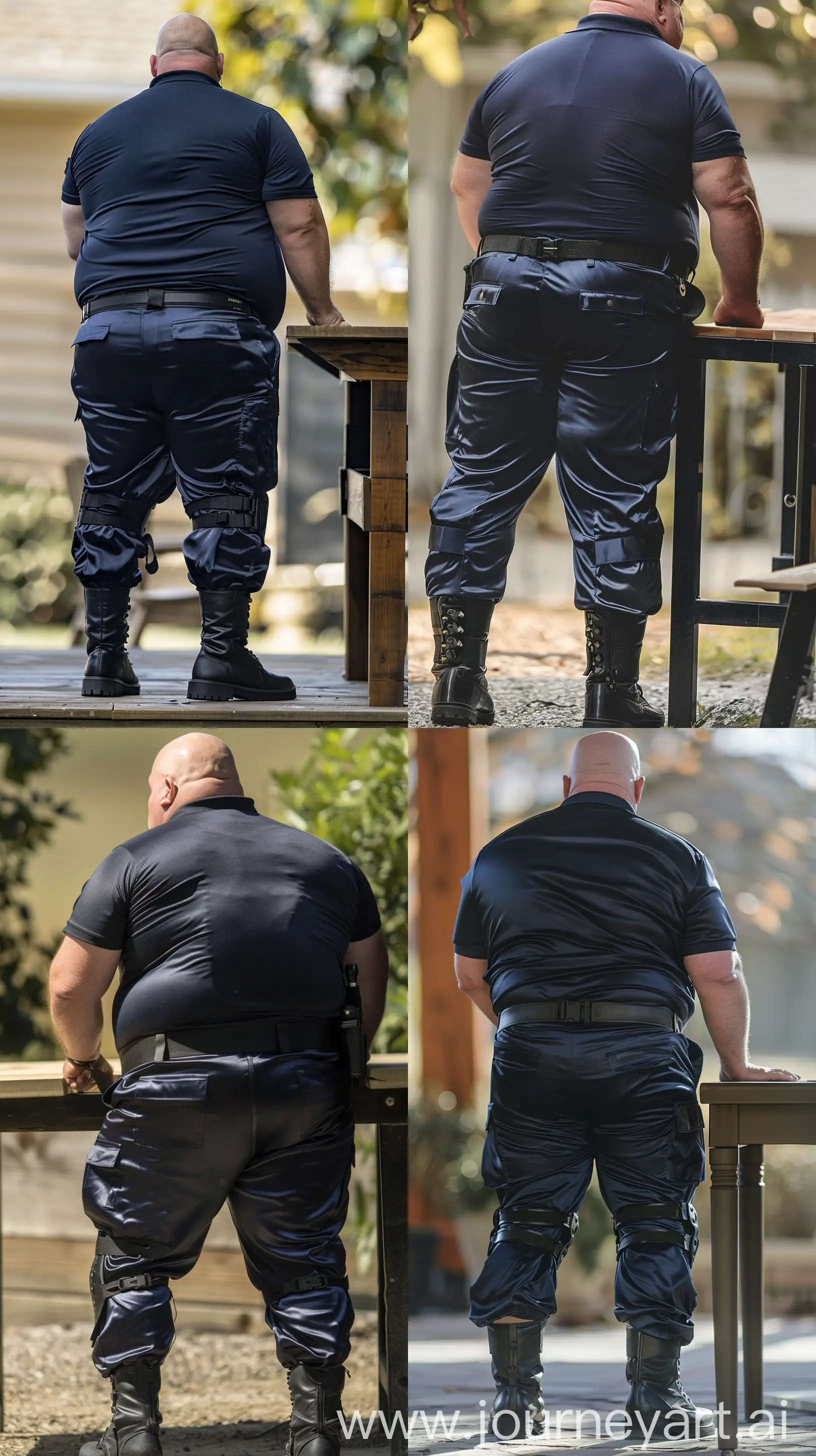 Close-up full body back view photo of a very fat man aged 60 standing next to a very high table. The man is wearing tight silk navy battle pants tucked in black tactical boots, he has a tucked in silk navy sport polo shirt and a black tactical belt. Legs upright. Outside. Bald. Clean Shaven. Natural light. --ar 9:16