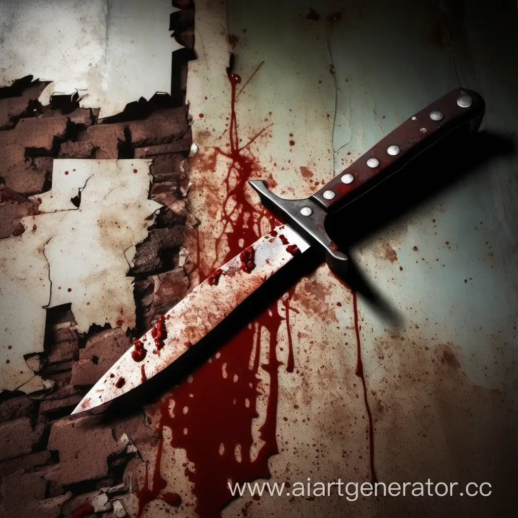 ржавый нож в застывшей крови на фоне старой разваливающейся комнаты