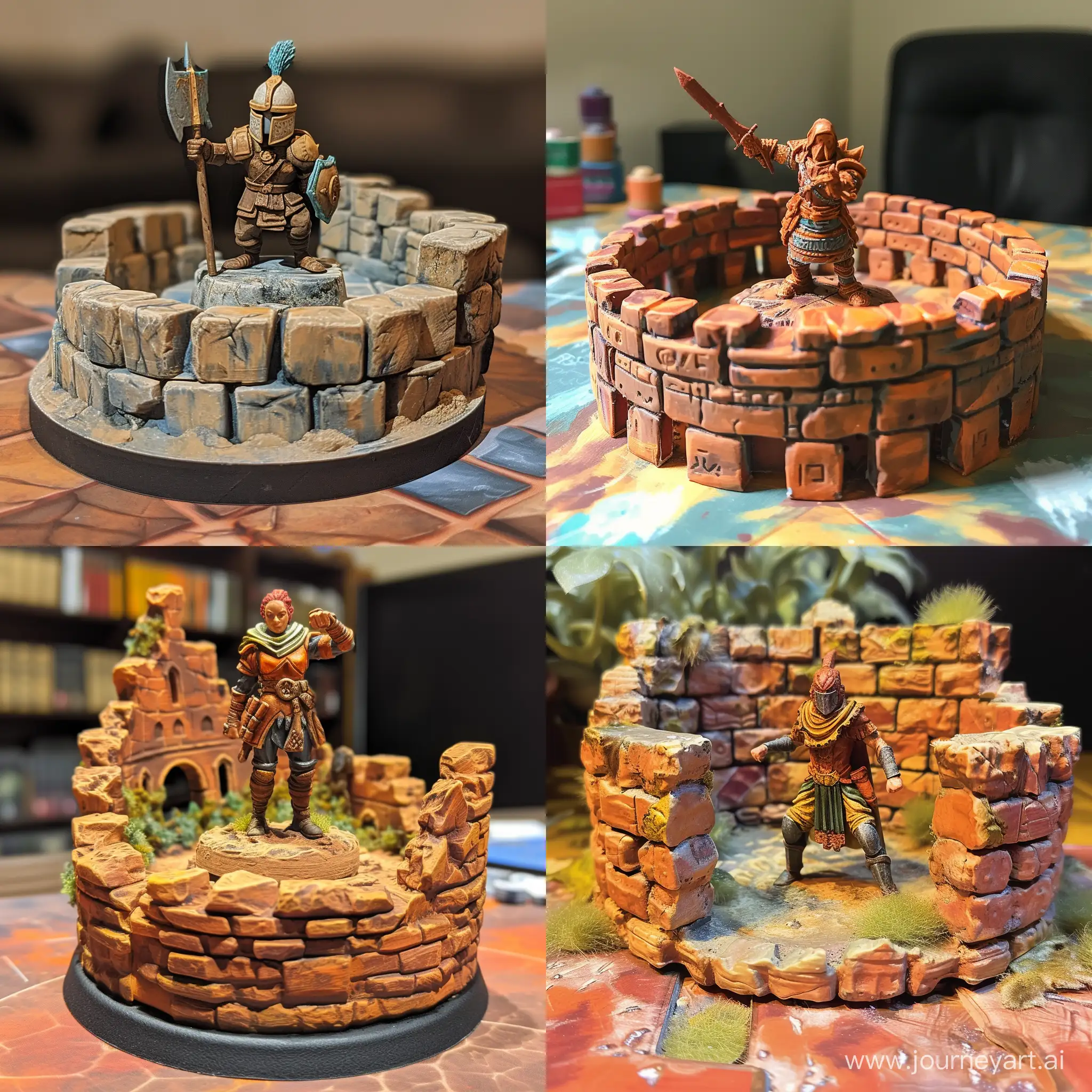 an artifact for a board game. an earthen rampart around the character. everything is painted in the style of hand paint