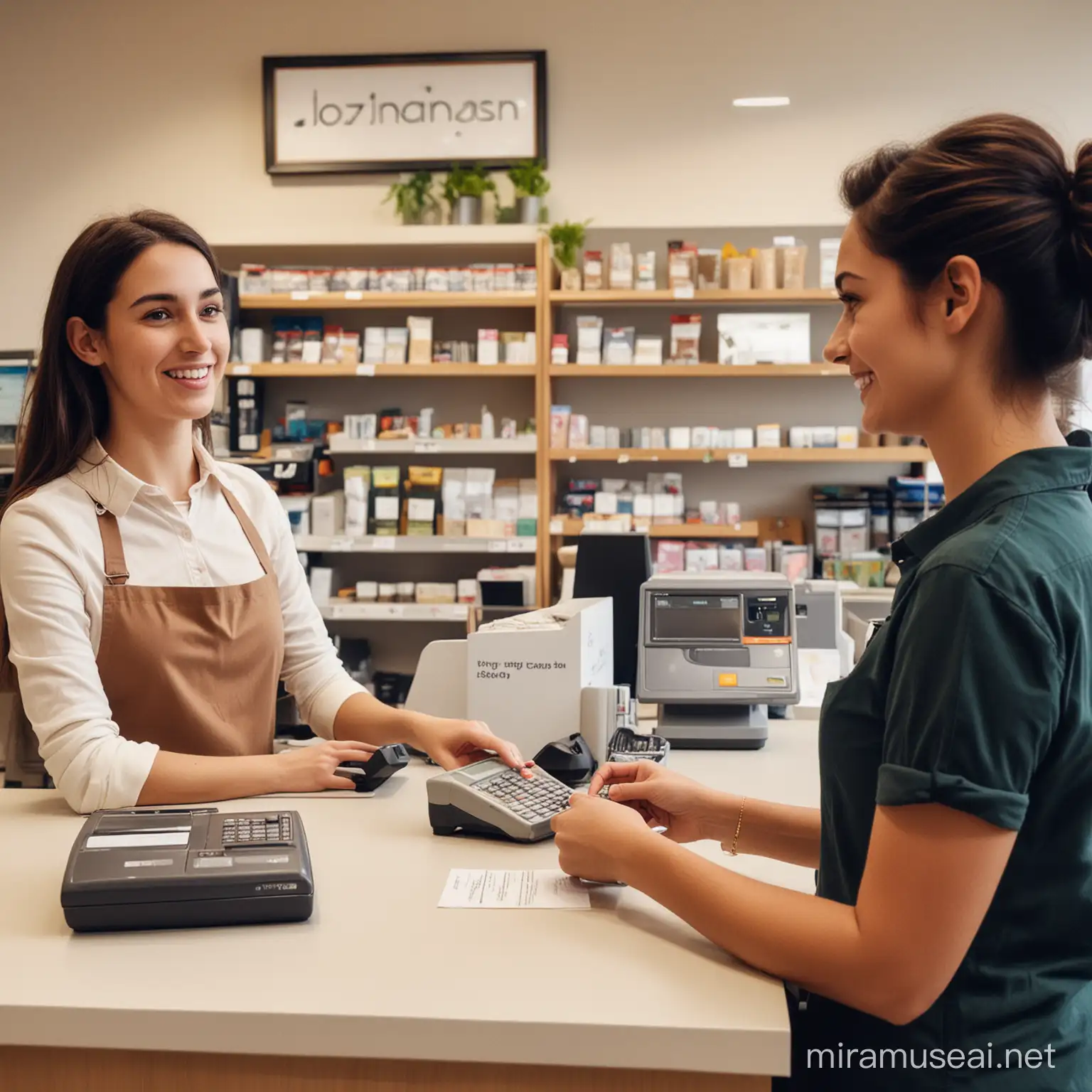 A person speaking to a cashier at a store counter, indicating their preference to pay with jozdan. This image could show a friendly interaction between the customer and the cashier