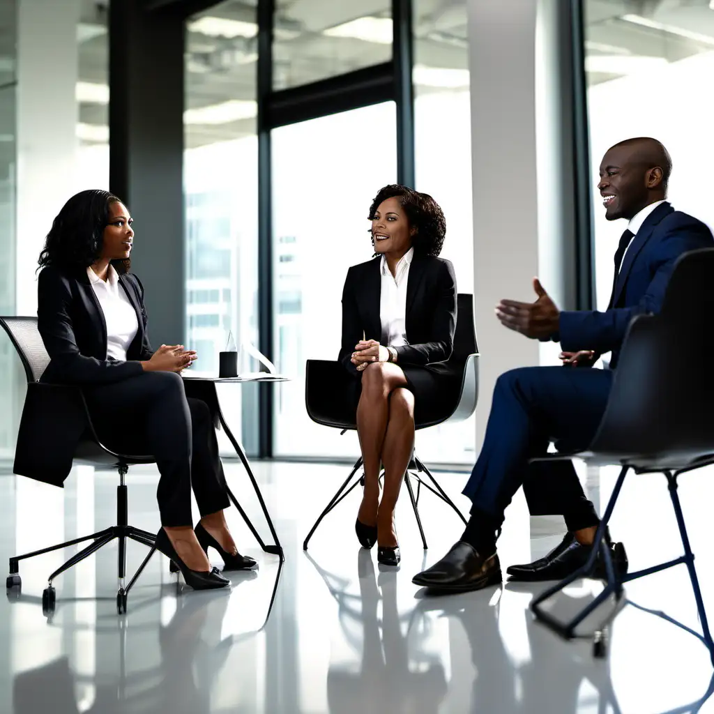 Black male and female executive conducting a group 
 interview