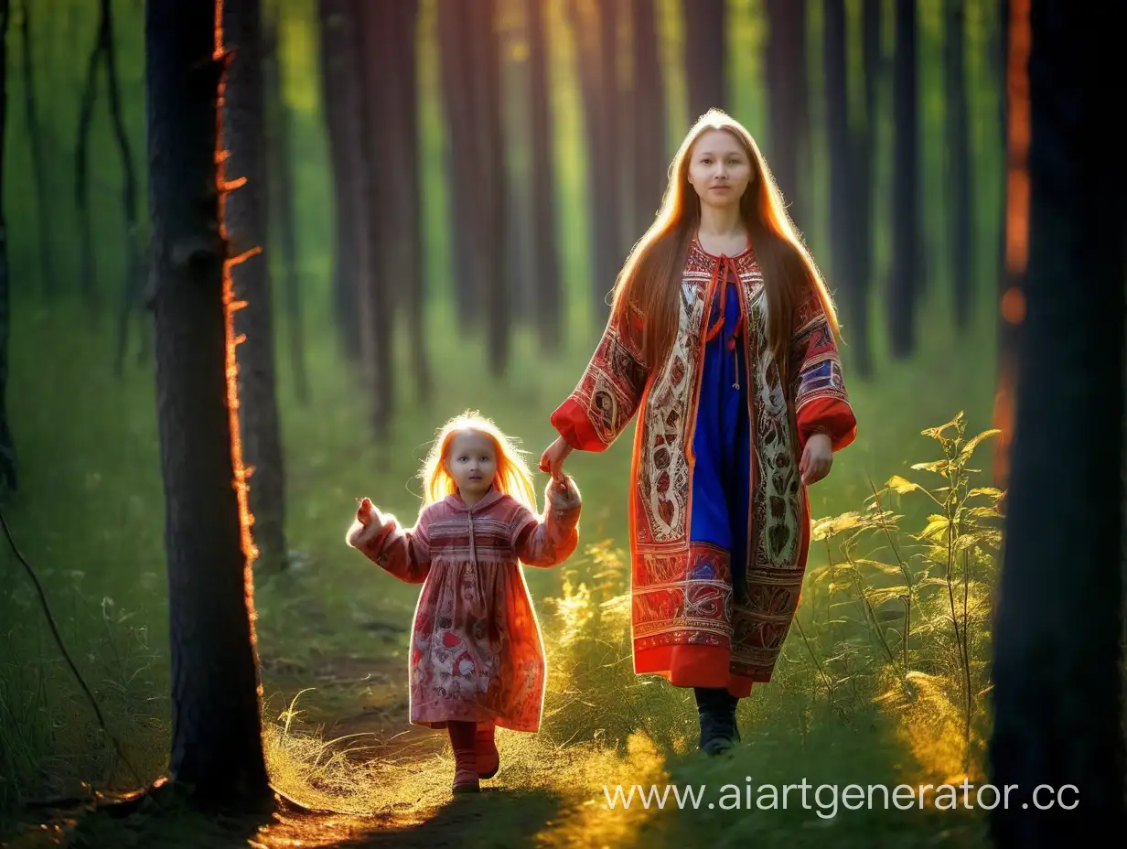 A beautiful young woman from Mordovia walks through the forest in the morning and the sun shines on her. Nearby, birds and forest animals are singing: bears, wolves, squirrels, foxes. She walks, leading her children by the hand, a boy and a girl.