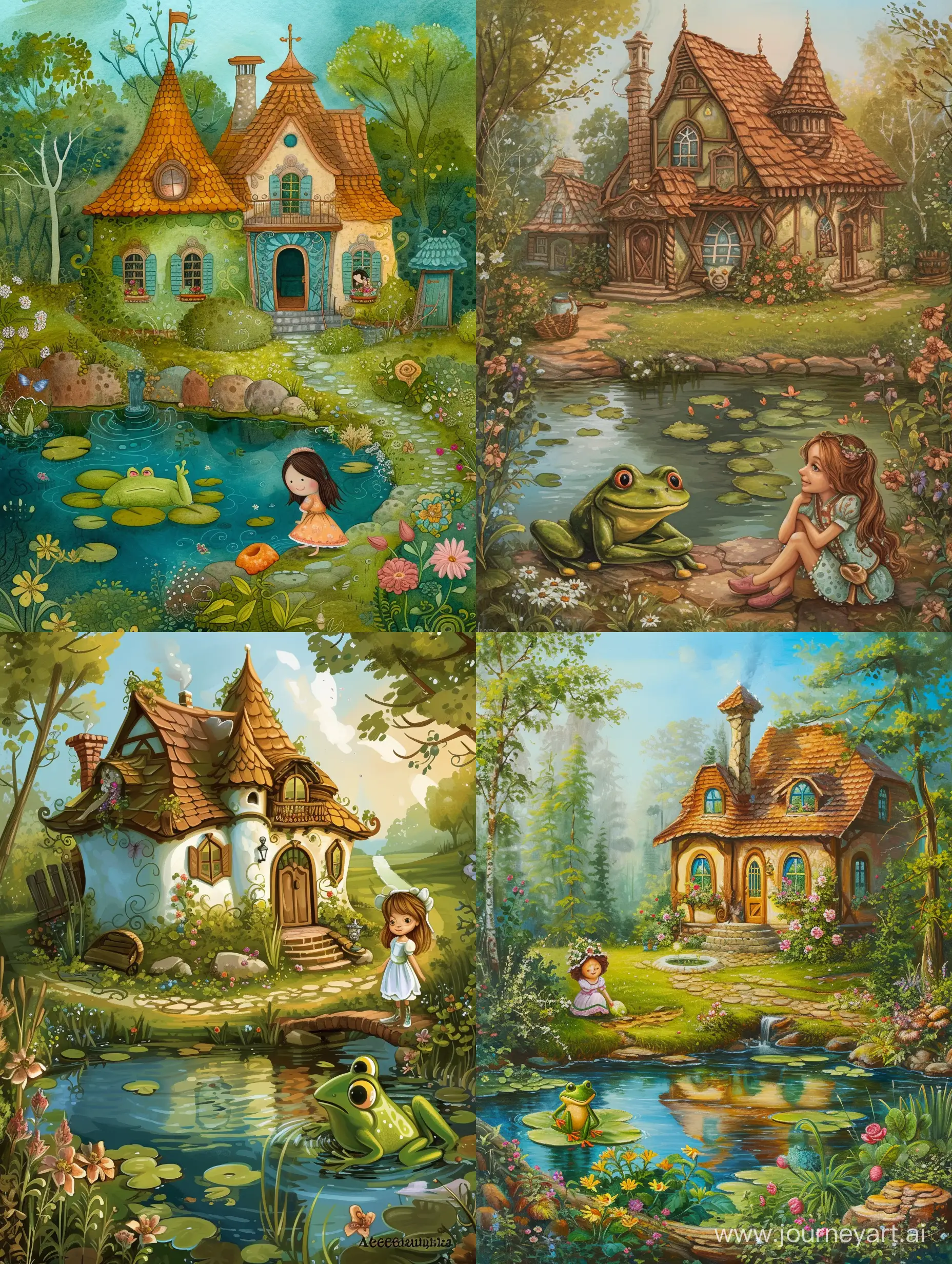 illustration of a fairy tale, fairy-tale house, pond, beautiful plot, frog princess, by the pond Alenushka, a beautiful girl,  --v 6 --ar 3:4 --no 1122
