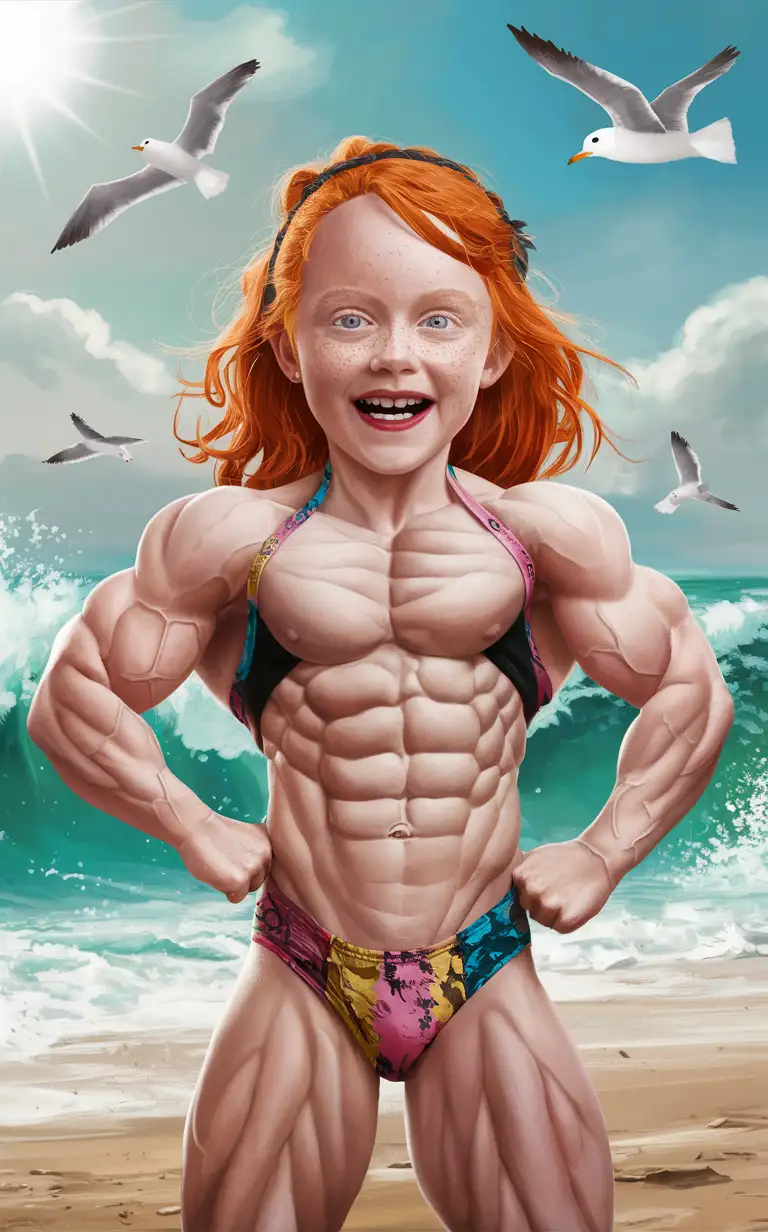 7 years old ginger hair girl, very muscular abs,  weird bathingsuit