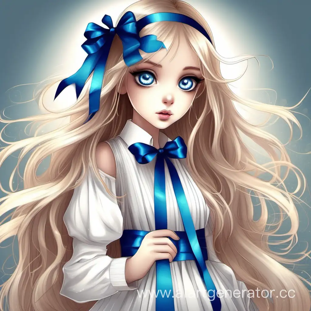 красивая девочка с большими голубыми глазами, длинными волосами с ленточкой и легком платье
