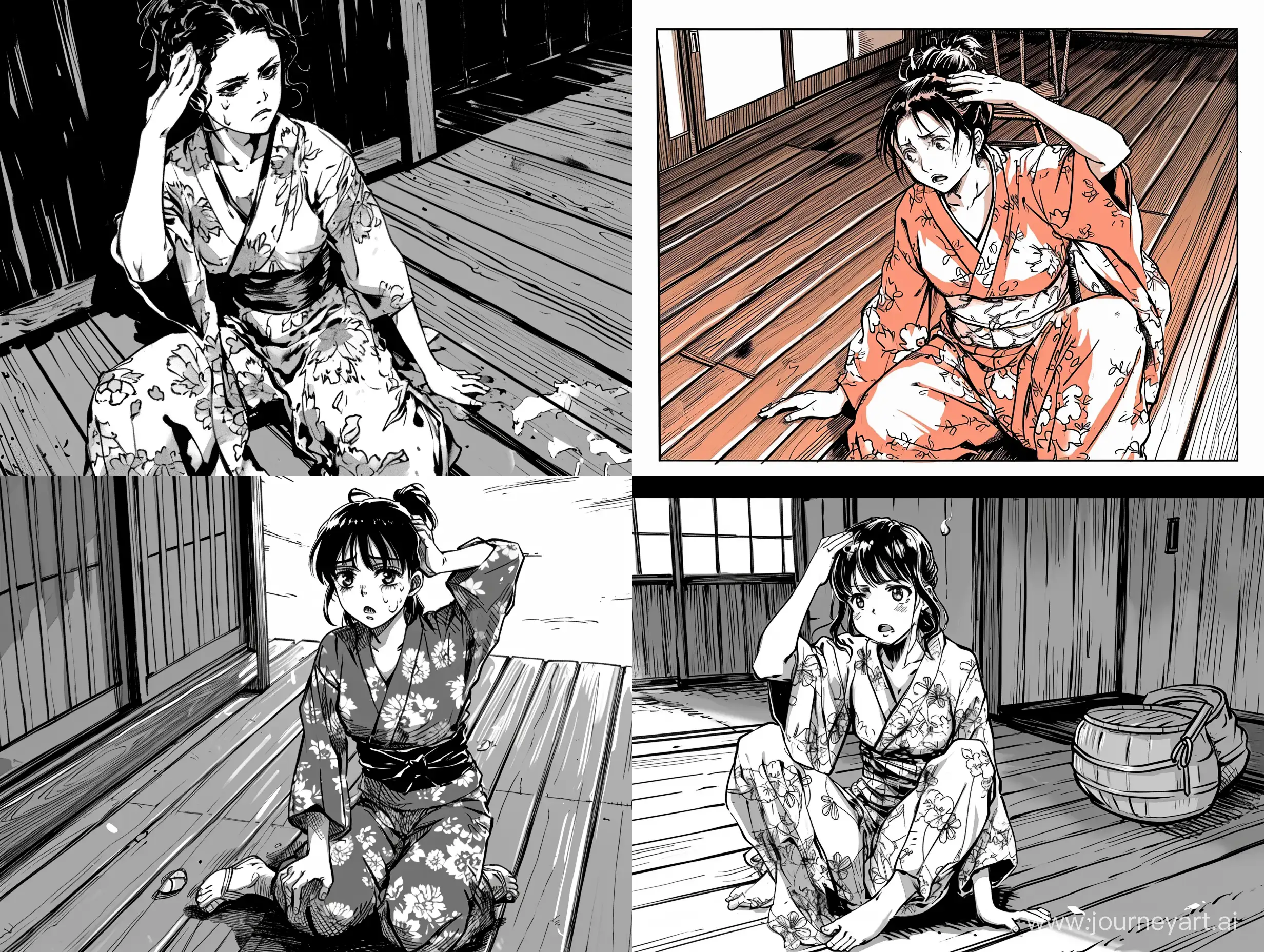 a manga panel, best quality, a woman in kimono sit on the wooden floor while one hand touch behind her head, she is in pain because of the fall, annoyed expression --v 6 --ar 4:3 --q 2