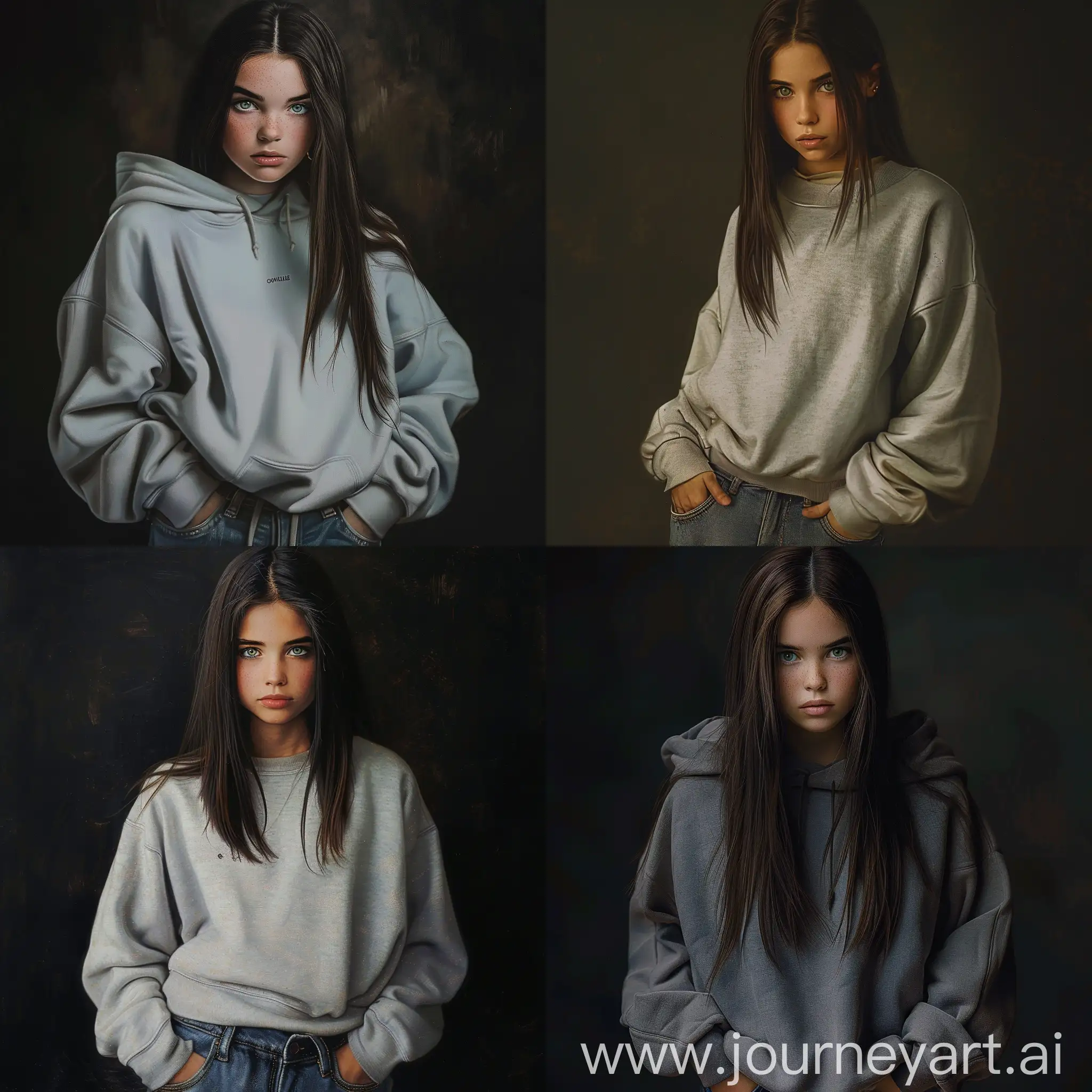Beautiful girl, Jennifer Connelly, straight dark brown hair, gray-green eyes, white skin, soft facial features, teenager, 15 years old, dressed in jeans and oversize sweatshirt, high quality, high detail, dark background, realistic art