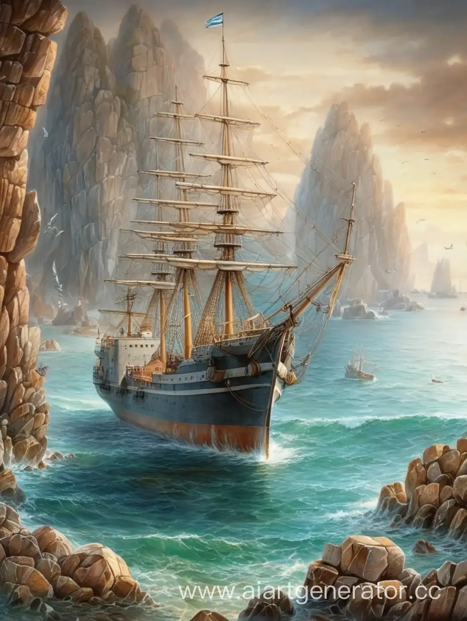 Rocky-Sea-Bay-with-Ship-Sailing