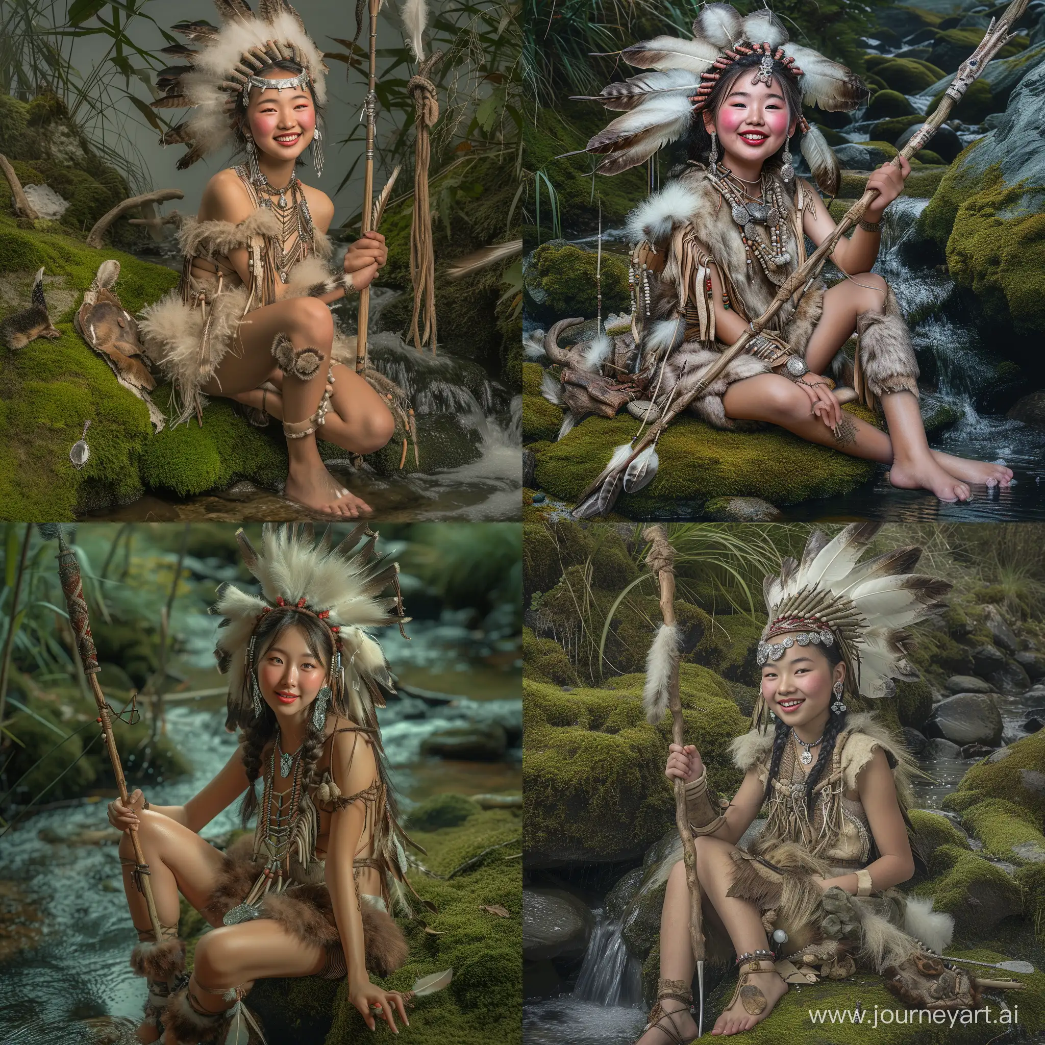 Realistic image of a 21 year old Asian girl, rosy cheeks, glossy lips, classic Native American pose, sitting on a moss-covered rock, feet next to a small stream, happy face , silver earrings, a necklace crafted with precious stones, long soft feathers combined to form a headdress, animal skins crafted into her outfit, her hand holding a spear wooden, landscape depth