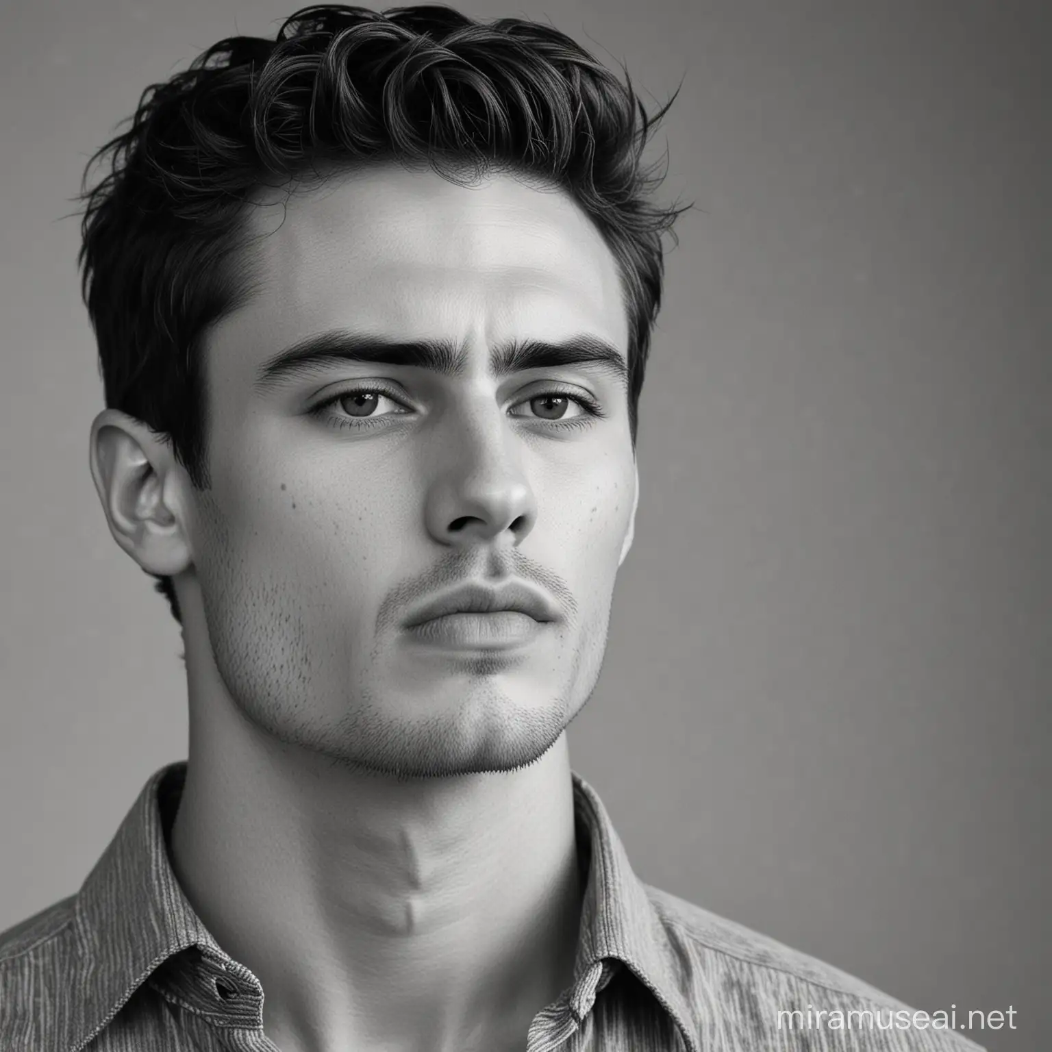 a young attractive male modeling dramatically in black and white. He has a sharp jawline and is looking down