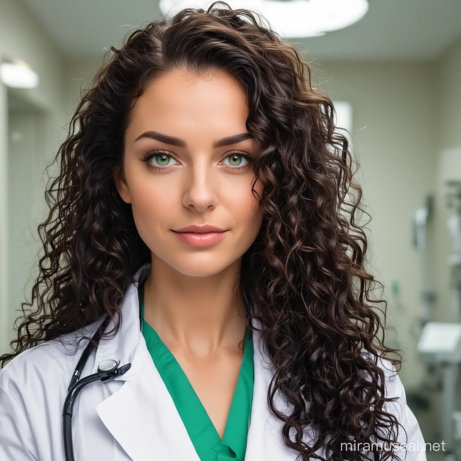 a  white nerosurgery women with very bright green eyes and dark very long curls with a white doctor coat in the hospital and Stethoscope