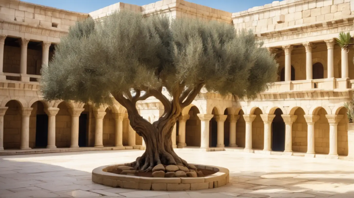epoque biblique, un olivier dans la cours intérieure d'un magnifique temple hébreu
