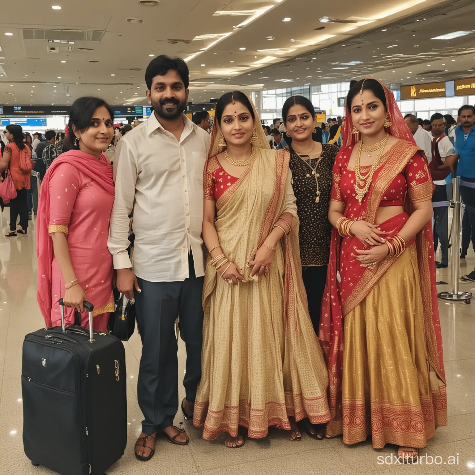Indian wife, husband, mother in law and fat7her in law standing at airport