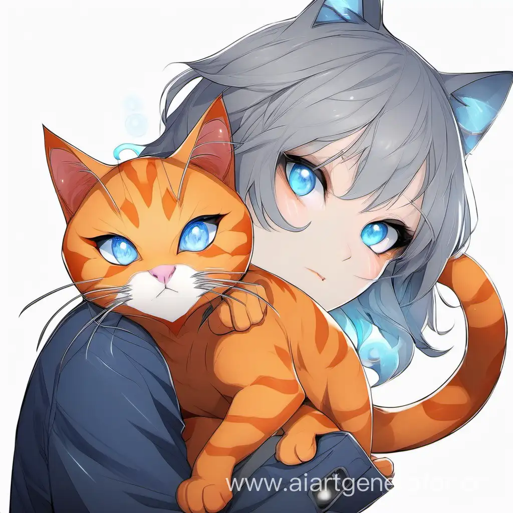 Оранжевый коточеловек с голубыми глазами с серой энергией на правой руке