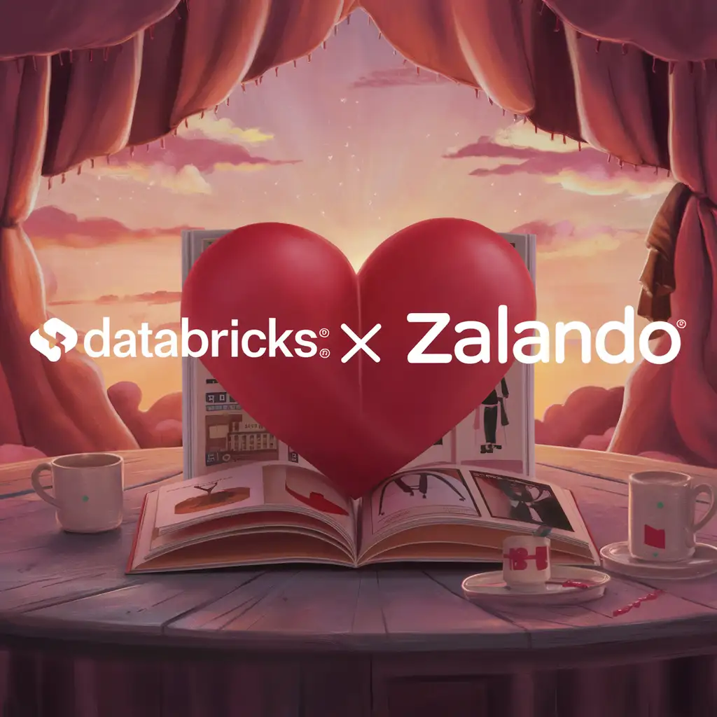 Make a romantic image with the databricks logo on the left and the zalando logo on the right, and a catalog, with a heart.
