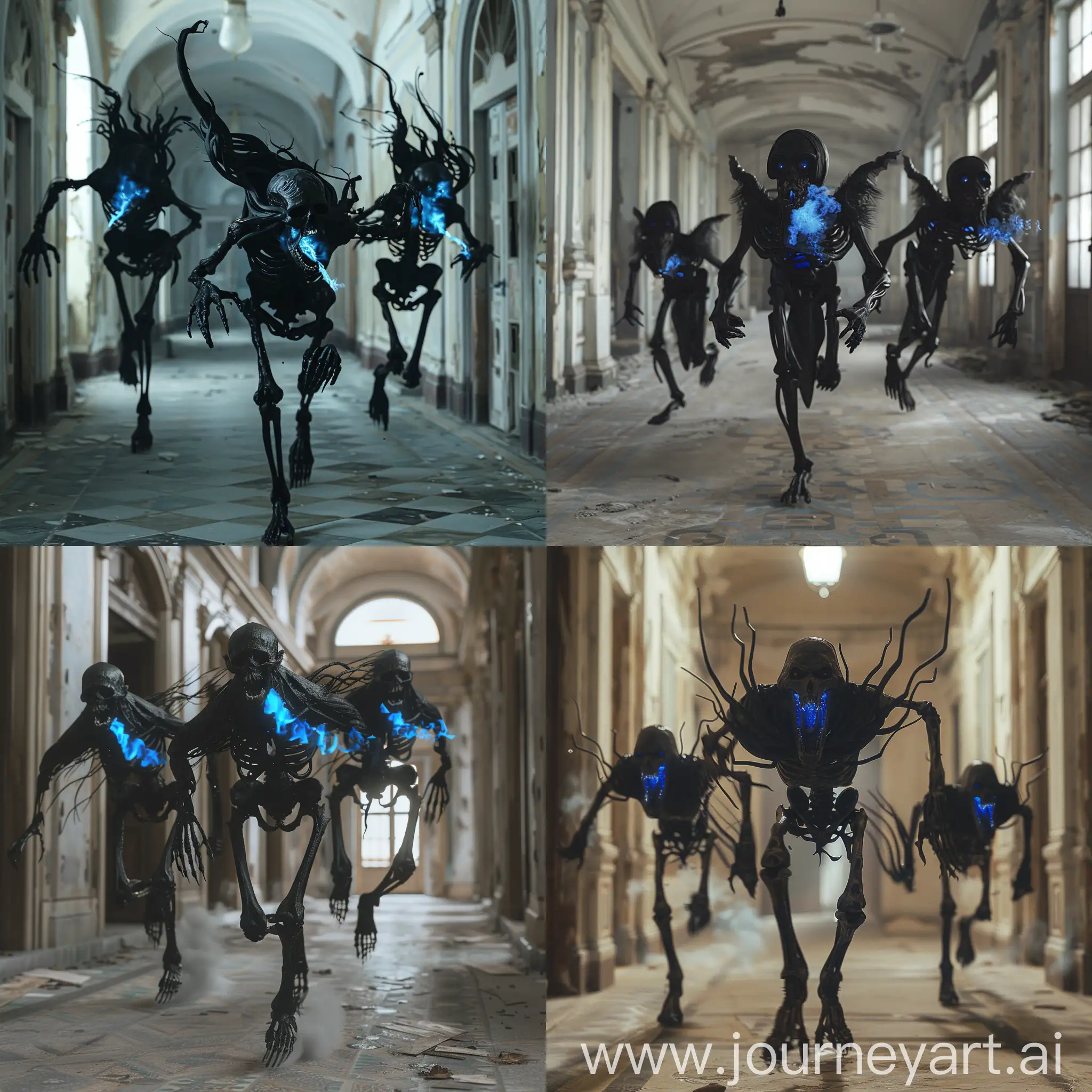 An epic scene, three black creatures, skin-covered skeletons, long arms, black skulls, long ears, blue fire in their mouths and eyes, run down the corridor, in an old abandoned building, hyper-realism, 8K image quality, ultra detail 