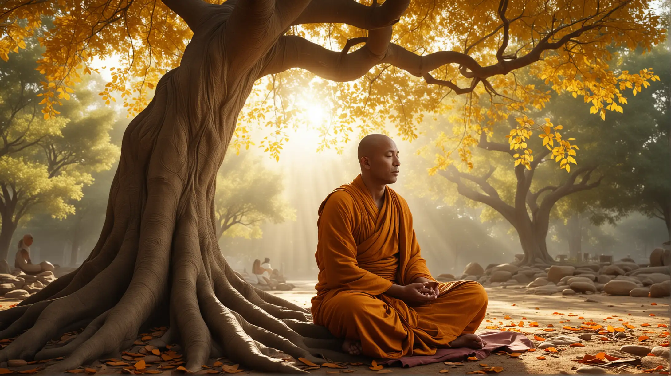 Tranquil Buddhist Monk Meditating under Bodhi Tree in Nature